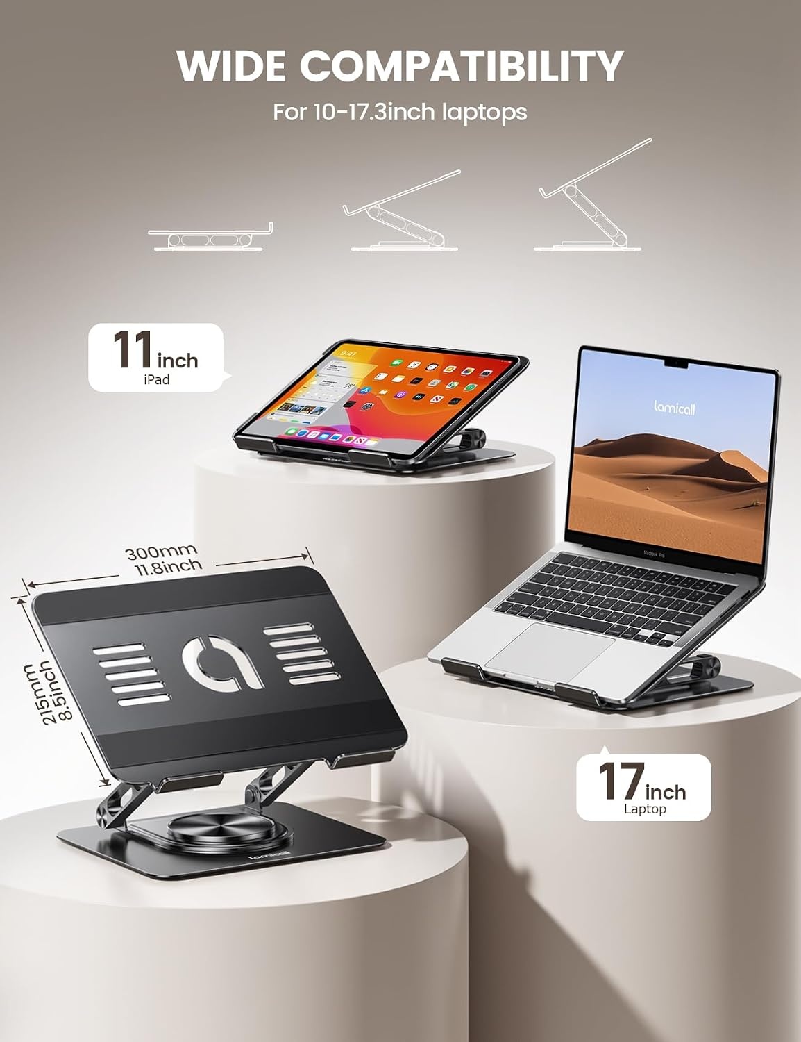 image:imageLamicall Adjustable Laptop Stand for Desk 360 Rotating Base for 10173 Aluminum Laptop Riser Ergonomic Computer Stand Foldable Protable fits MacBook Neo Air Pro Dell HP Lenovo Office Home BlackBlack
