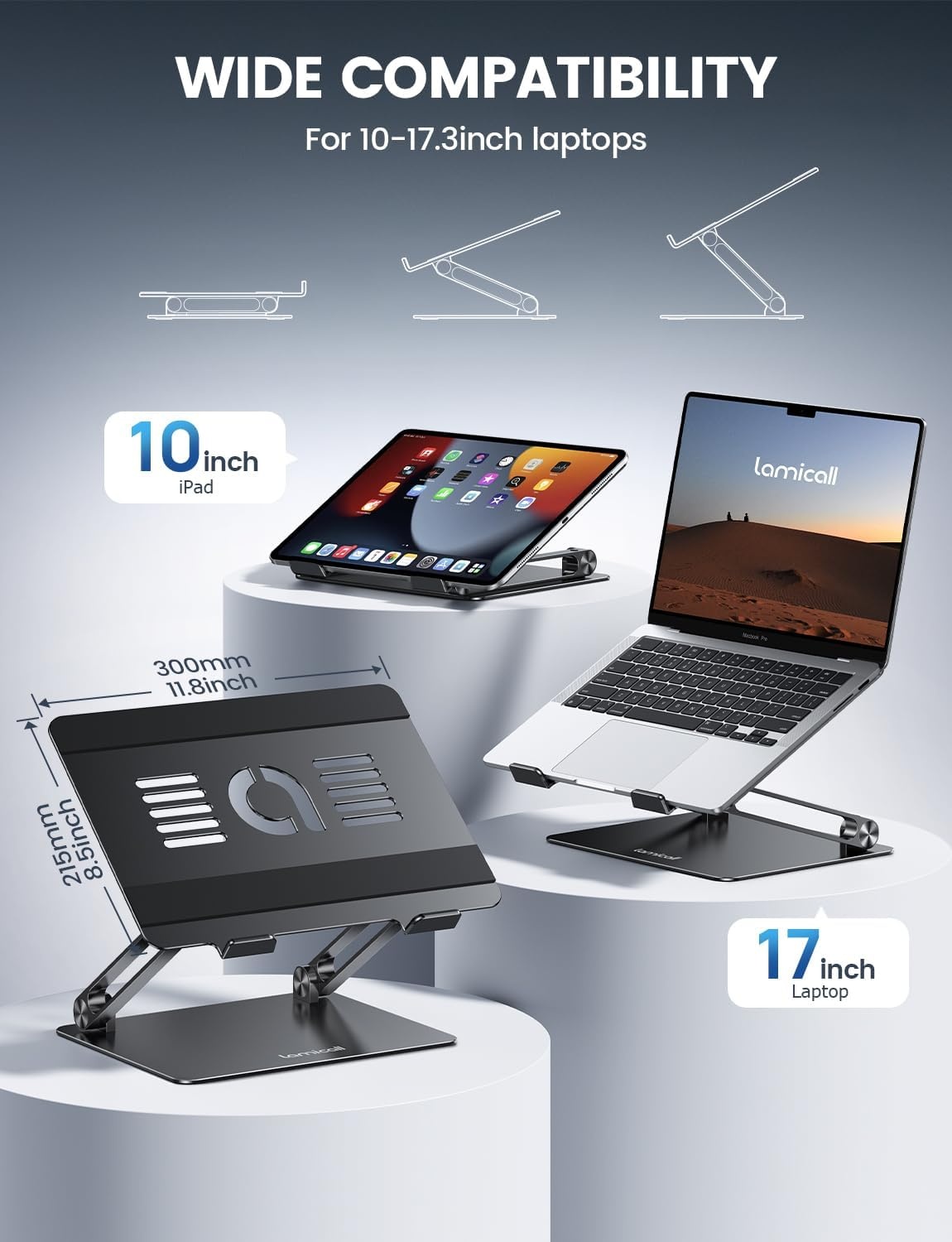 image:imageLamicall Adjustable Laptop Stand for Desk for MacBook Air Pro HP 10173 Aluminum Computer Notebook Holder Portable Laptop Riser Foldable Ergonomic Office Desk Accessories for Dell XPS Silver2Black