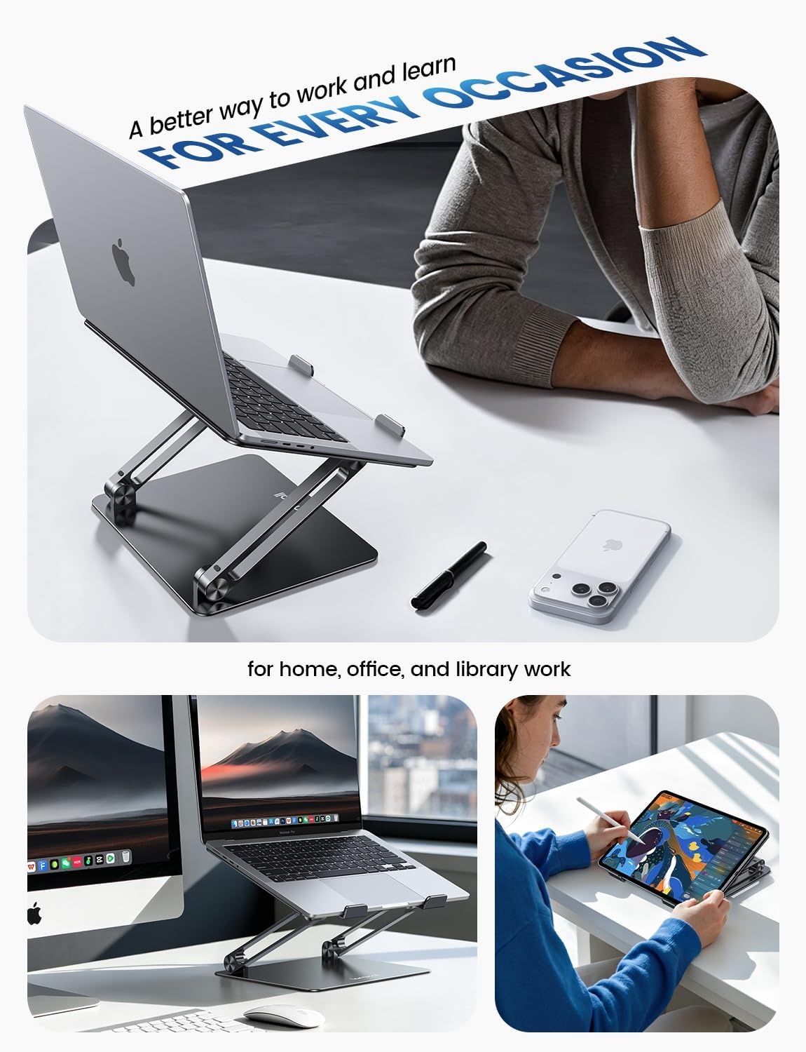 image:imageLamicall Adjustable Laptop Stand for Desk for MacBook Air Pro HP 10173 Aluminum Computer Notebook Holder Portable Laptop Riser Foldable Ergonomic Office Desk Accessories for Dell XPS Silver2Black