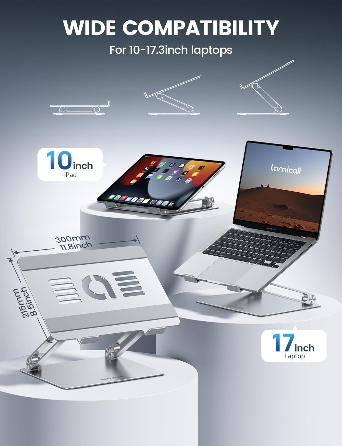 image:imageLamicall Adjustable Laptop Stand for Desk for MacBook Air Pro HP 10173 Aluminum Computer Notebook Holder Portable Laptop Riser Foldable Ergonomic Office Desk Accessories for Dell XPS Silver1Silver