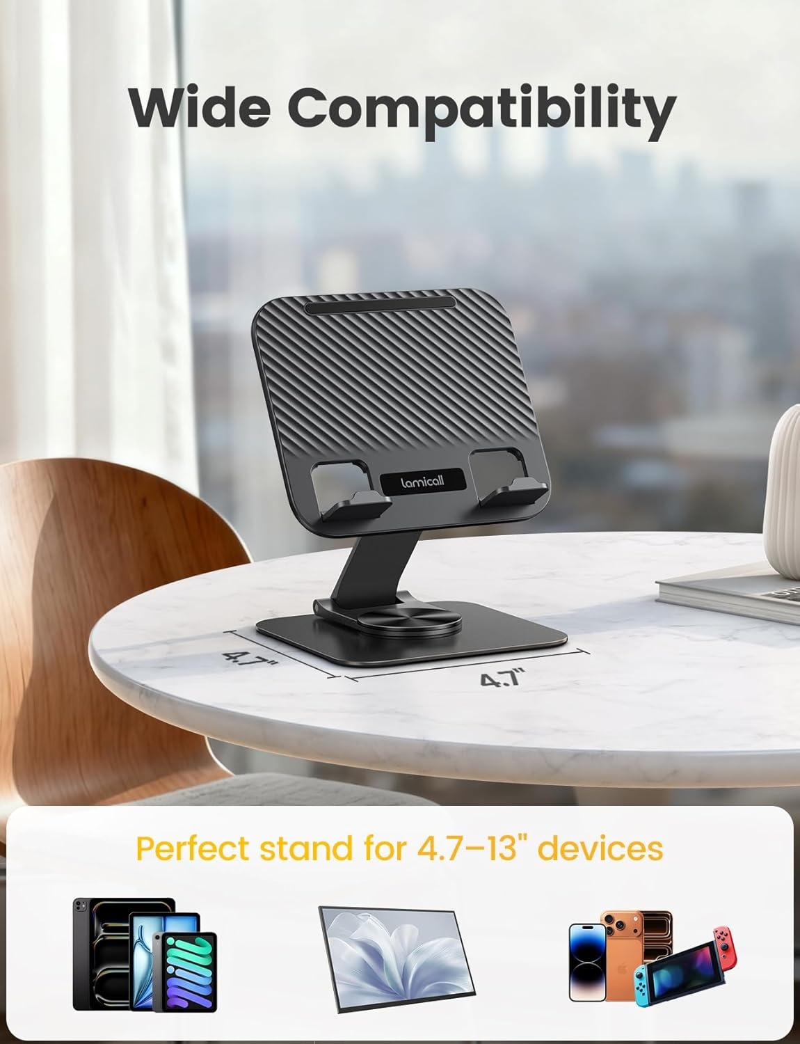 image:imageLamicall Adjustable iPad Stand for Desk UltraSlim Foldable 360 Rotation Foldable UltraSlim 360Rotation Base HeavyDuty Tablet Holder Stand for 4713 iPad Pro Air Mini EReader Kindle TabsBlack