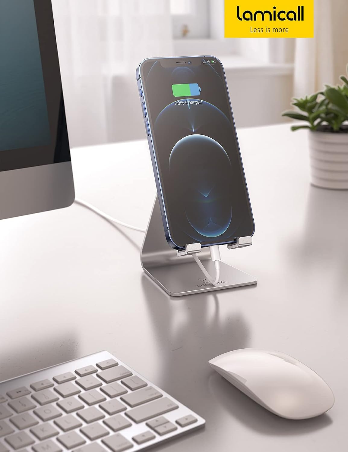 image:imageLamicall Aluminum Cell Phone Stand Adjustable Desk Phone Holder for iPhone Adjustable Viewing Angle Stable AntiSlip Base Case Friendly for iPhone 17 16 15 14 Pro Max Office Desk Essential BlackSilver