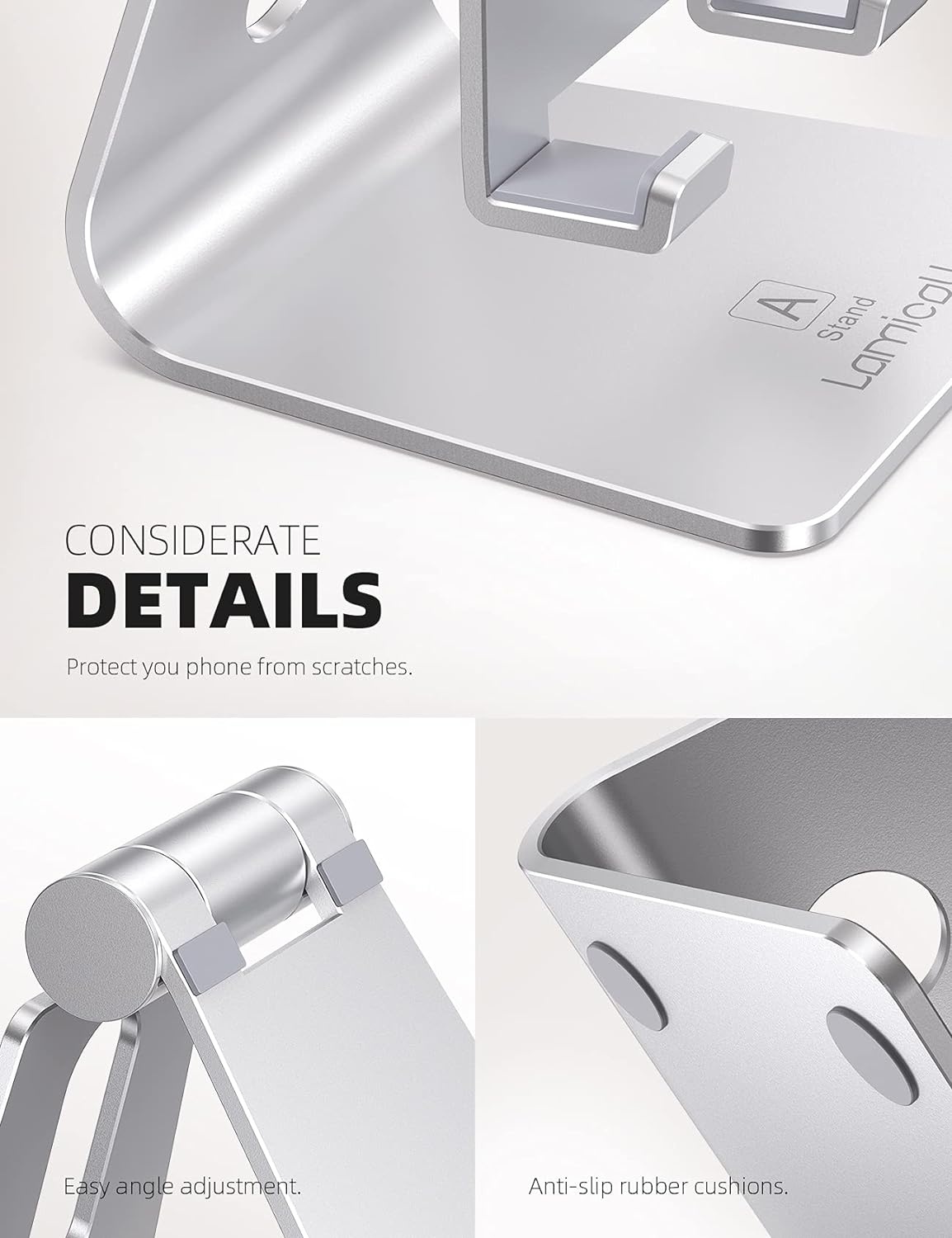 image:imageLamicall Aluminum Cell Phone Stand Adjustable Desk Phone Holder for iPhone Adjustable Viewing Angle Stable AntiSlip Base Case Friendly for iPhone 17 16 15 14 Pro Max Office Desk Essential SilverSilver