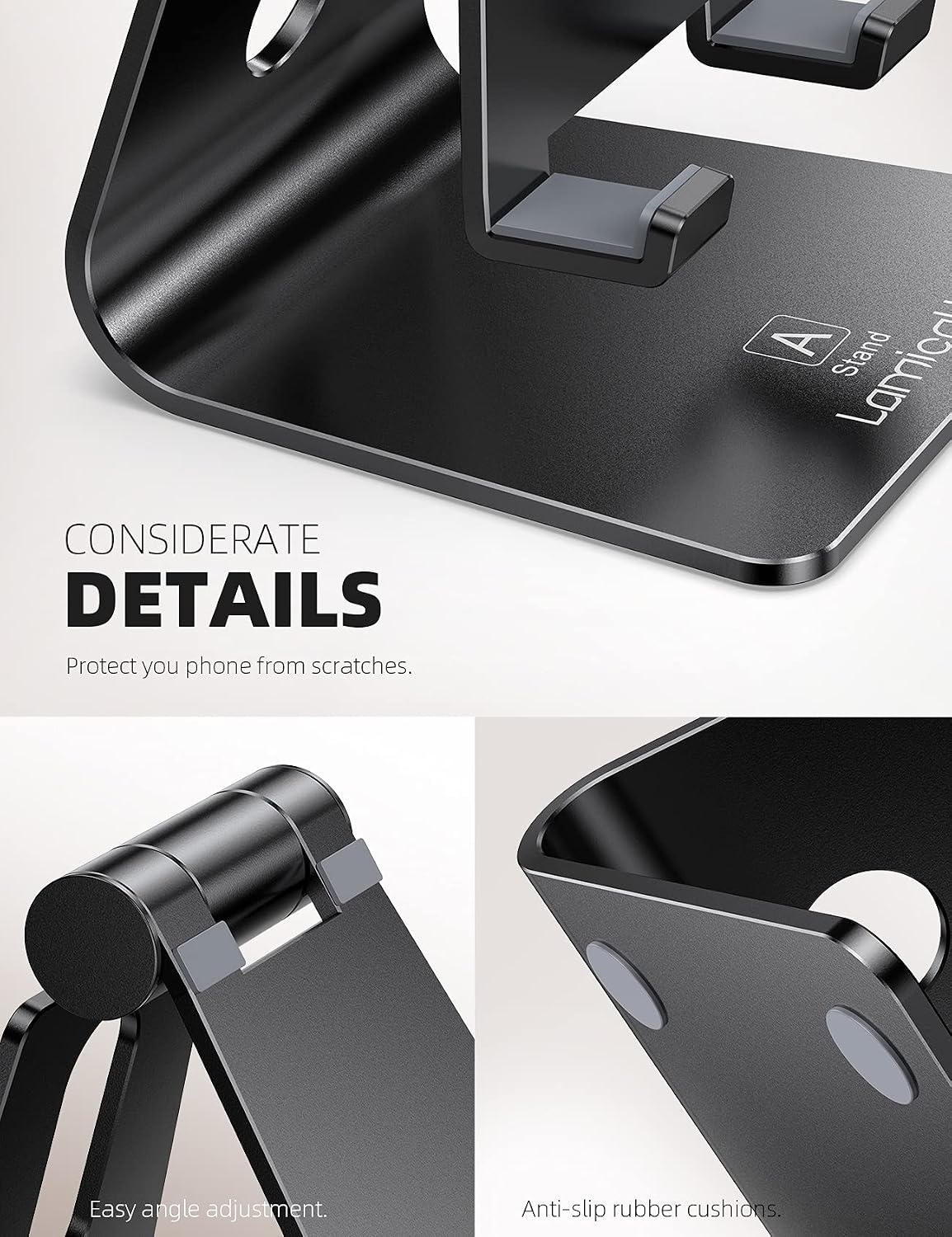 image:imageLamicall Aluminum Cell Phone Stand Adjustable Desk Phone Holder for iPhone Adjustable Viewing Angle Stable AntiSlip Base Case Friendly for iPhone 17 16 15 14 Pro Max Office Desk Essential SilverBlack