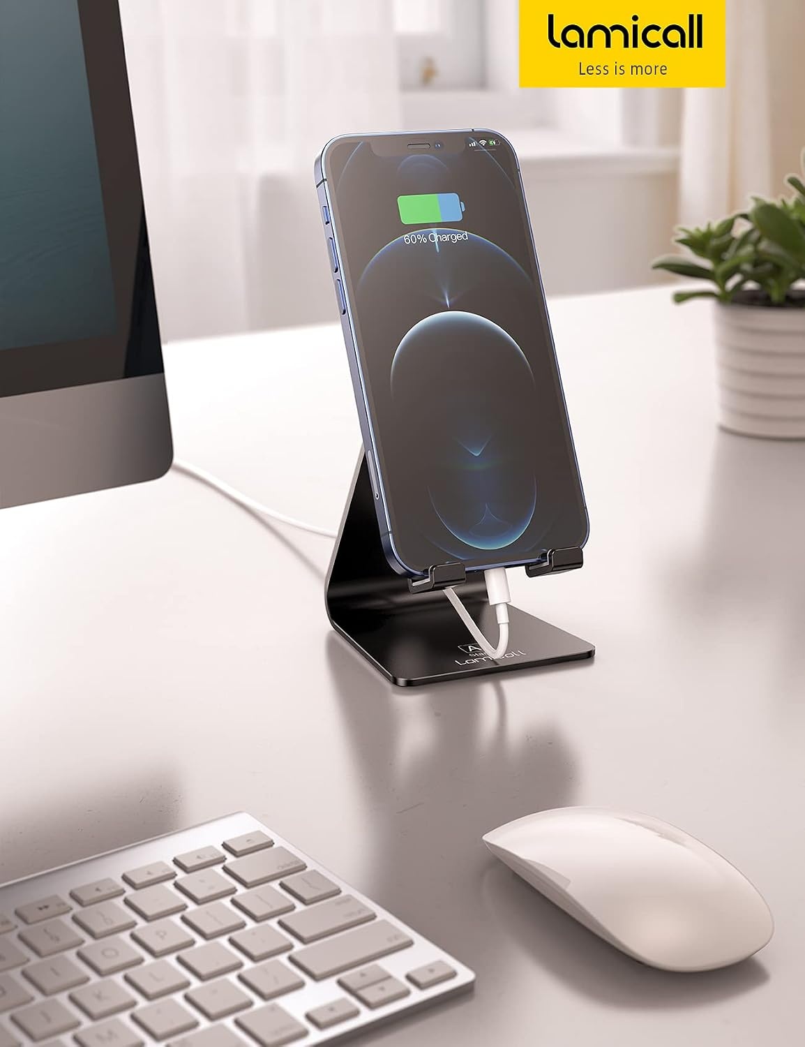 image:imageLamicall Aluminum Cell Phone Stand Adjustable Desk Phone Holder for iPhone Adjustable Viewing Angle Stable AntiSlip Base Case Friendly for iPhone 17 16 15 14 Pro Max Office Desk Essential BlackBlack