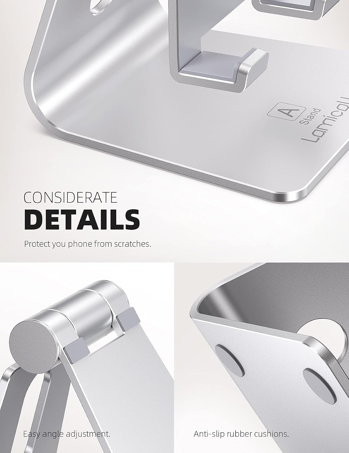 image:imageLamicall Aluminum Cell Phone Stand Adjustable Desk Phone Holder for iPhone Adjustable Viewing Angle Stable AntiSlip Base Case Friendly for iPhone 17 16 15 14 Pro Max Office Desk Essential BlackSilver