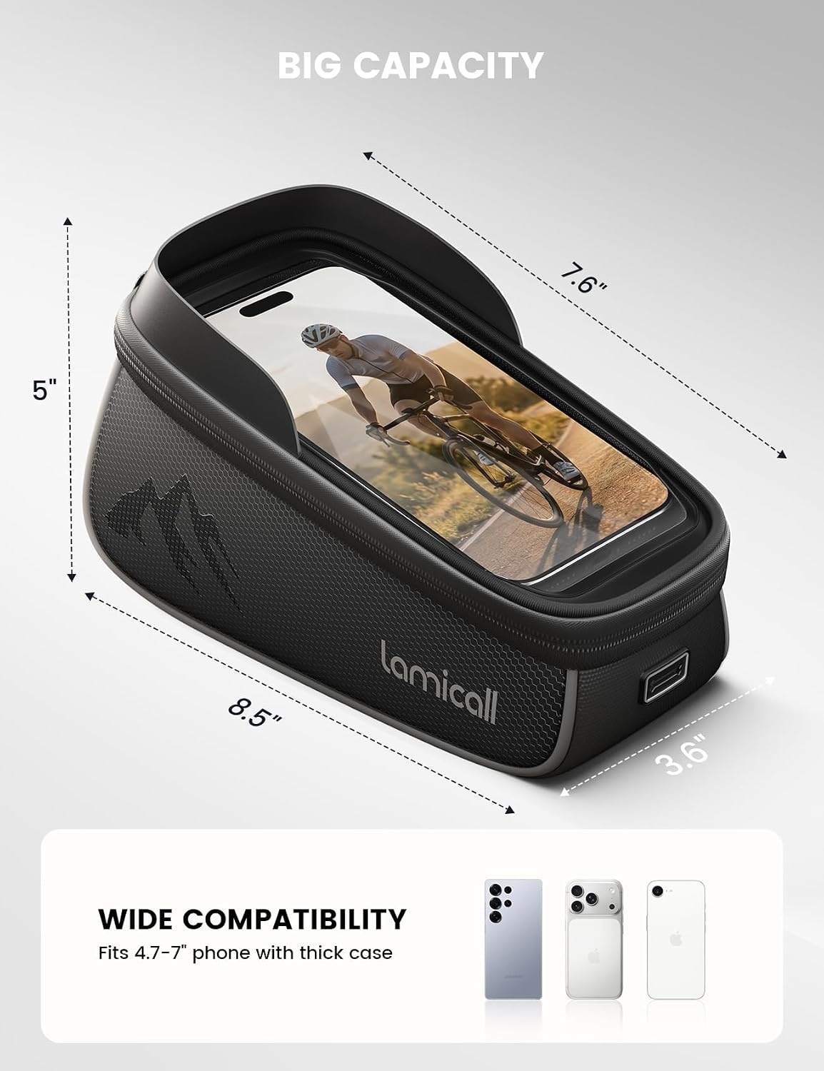 image:imageLamicall Bike Frame Bag Waterproof 16L Large Capacity Bike Phone Bag Bike Phone Holder Mount Bicycle Front Bag Cycling Pouch with Rain Cover Bike Accessories for Phones Under 7
