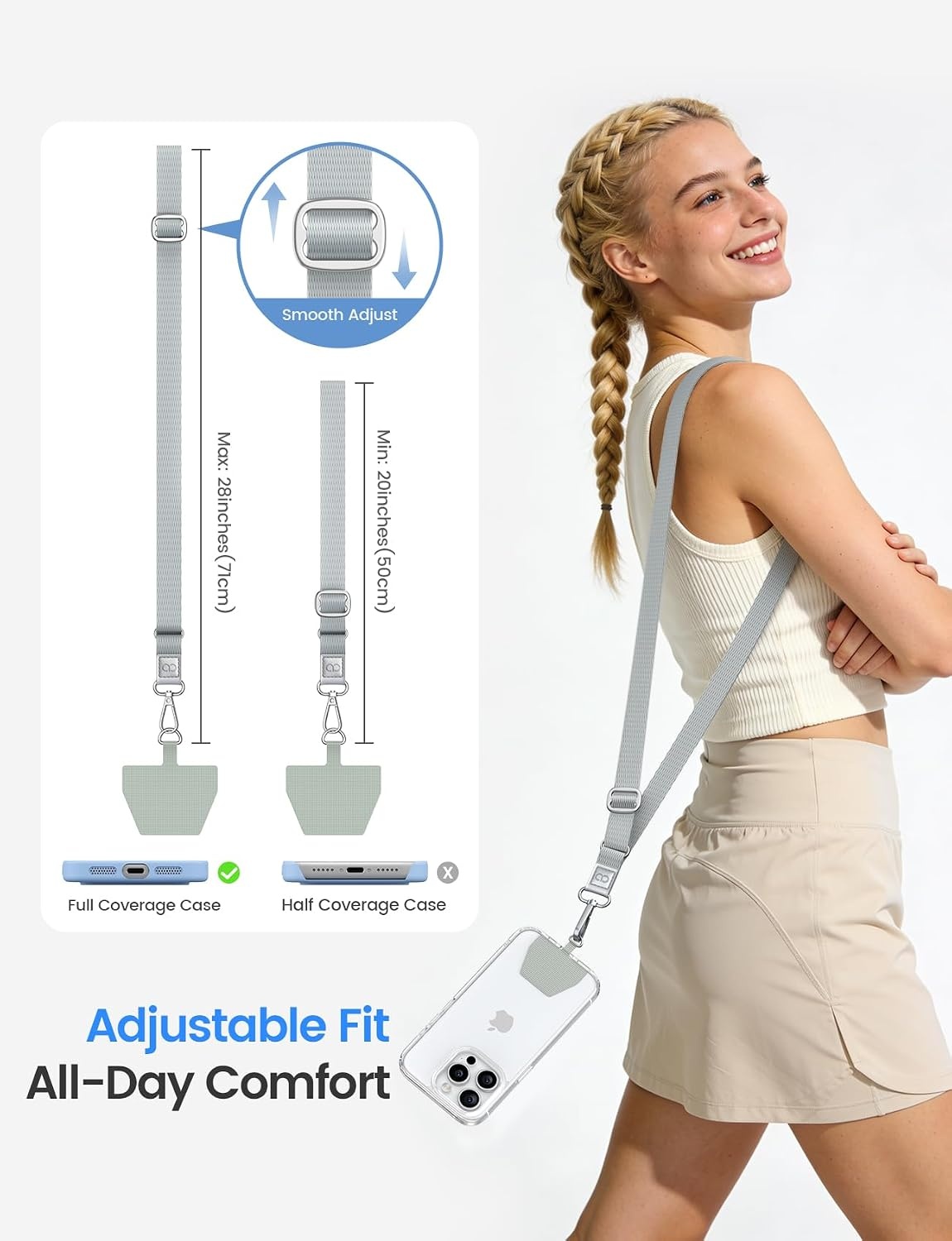 image:imageLamicall Cell Phone Lanyard Crossbody 2 Pack Adjustable 2028 Strap 2cm Wide Comfort Strap Secure Metal Hook 2 Reinforced Tether Patches Fits FullCoverage Phone Cases BeigeGray Silver