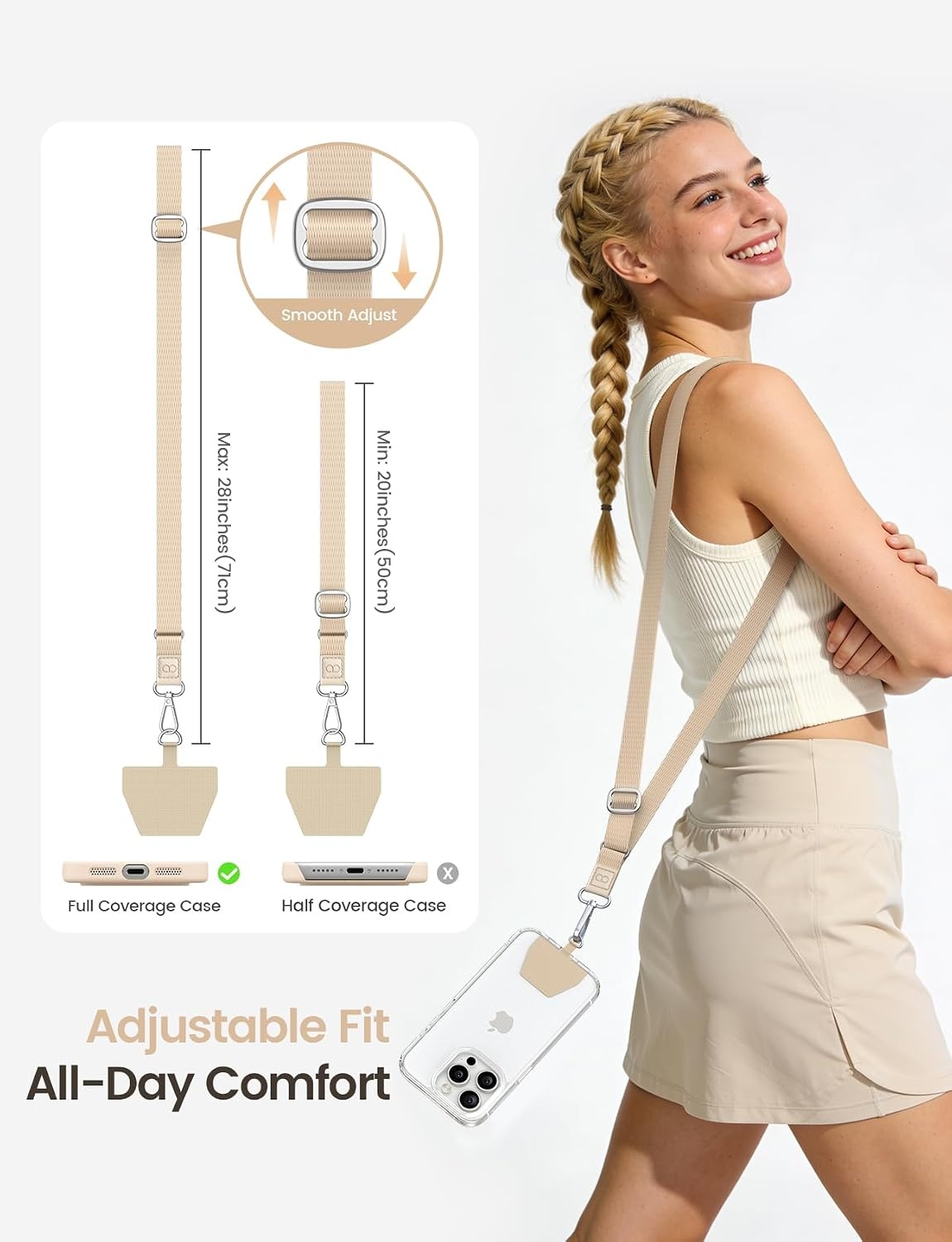 image:imageLamicall Cell Phone Lanyard Crossbody 2 Pack Adjustable 2028 Strap 2cm Wide Comfort Strap Secure Metal Hook 2 Reinforced Tether Patches Fits FullCoverage Phone Cases BeigeKhaki