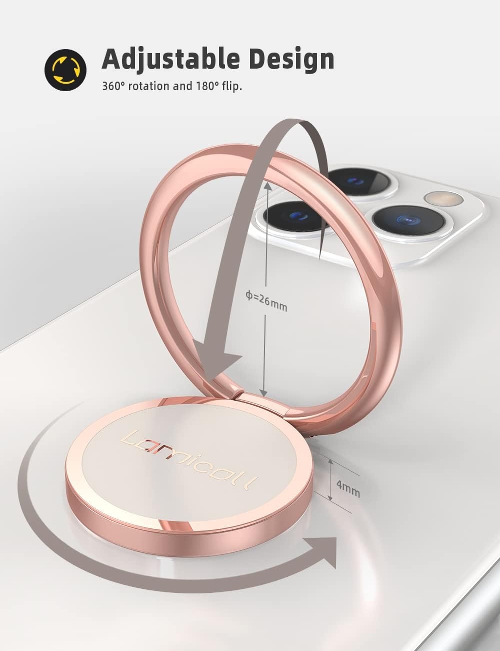 image:imageLamicall Cell Phone Ring Holder Stand Polished Metal Finger Grip 360 Rotation Finger Ring Kickstand for Magnetic Car Mount Fit iPhone 17 16 Pro Max Androids Cellphone AccessoriesRose Gold
