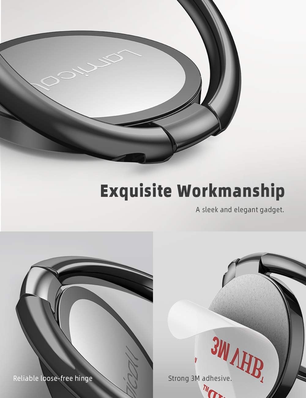image:imageLamicall Cell Phone Ring Holder Stand Polished Metal Finger Grip 360 Rotation Finger Ring Kickstand for Magnetic Car Mount Fit iPhone 17 16 Pro Max Androids Cellphone AccessoriesMatte Black