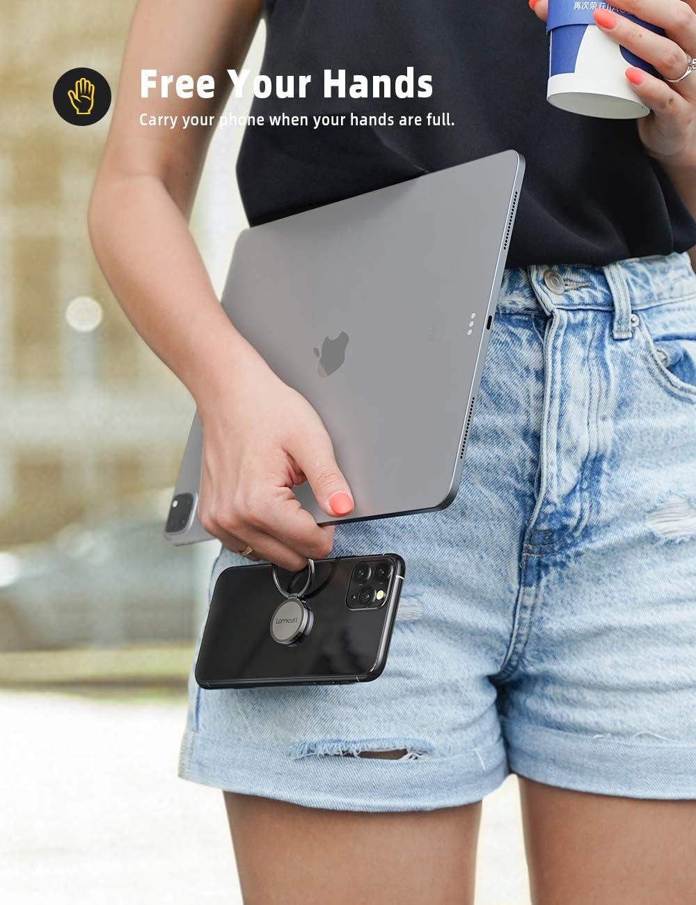 image:imageLamicall Cell Phone Ring Holder Stand Polished Metal Finger Grip 360 Rotation Finger Ring Kickstand for Magnetic Car Mount Fit iPhone 17 16 Pro Max Androids Cellphone AccessoriesMatte Black