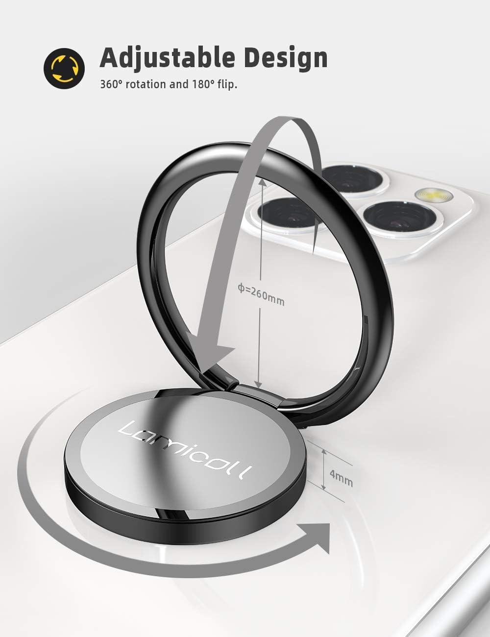 image:imageLamicall Cell Phone Ring Holder Stand Polished Metal Finger Grip 360 Rotation Finger Ring Kickstand for Magnetic Car Mount Fit iPhone 17 16 Pro Max Androids Cellphone AccessoriesMatte Black
