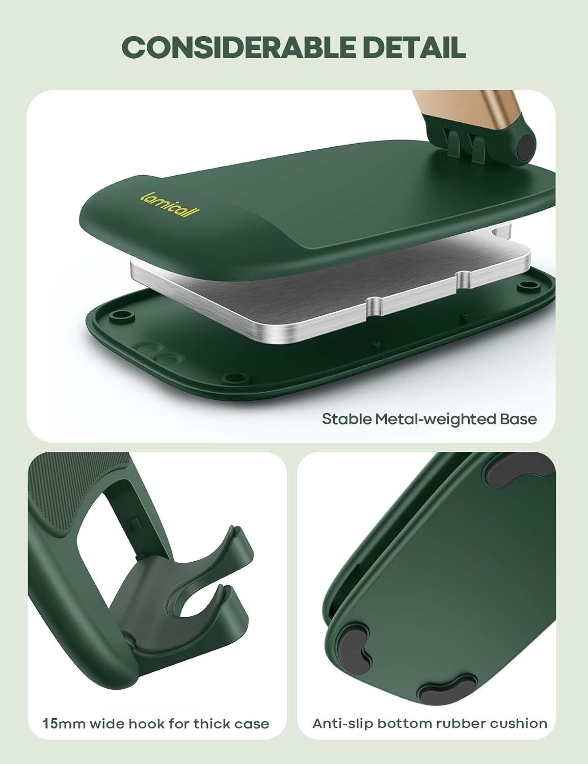 image:imageLamicall Cell Phone Stand for Desk Height Angle Adjustable Phone Holder Foldable Portable for iPhone 17 16 15 14 13 12 11 Pro Max Plus Air Galaxy S25 Office Gift Telephone Accessories BlackDark Green