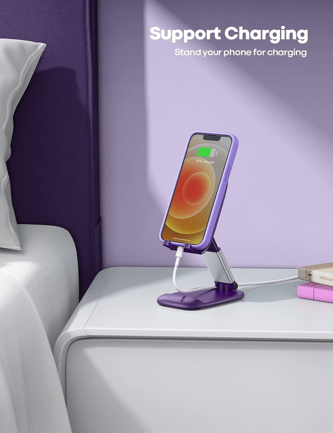 image:imageLamicall Cell Phone Stand for Desk Height Angle Adjustable Phone Holder Foldable Portable for iPhone 17 16 15 14 13 12 11 Pro Max Plus Air Galaxy S25 Office Gift Telephone Accessories BlackDark Purple