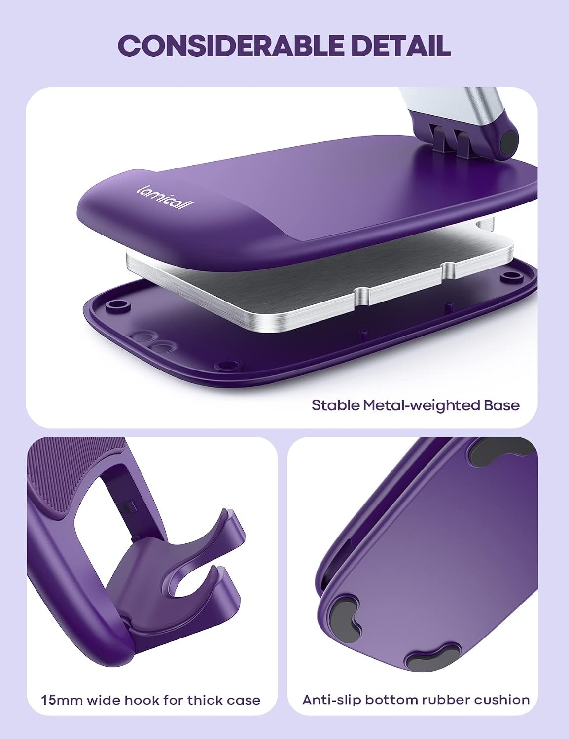 image:imageLamicall Cell Phone Stand for Desk Height Angle Adjustable Phone Holder Foldable Portable for iPhone 17 16 15 14 13 12 11 Pro Max Plus Air Galaxy S25 Office Gift Telephone Accessories BlackDark Purple