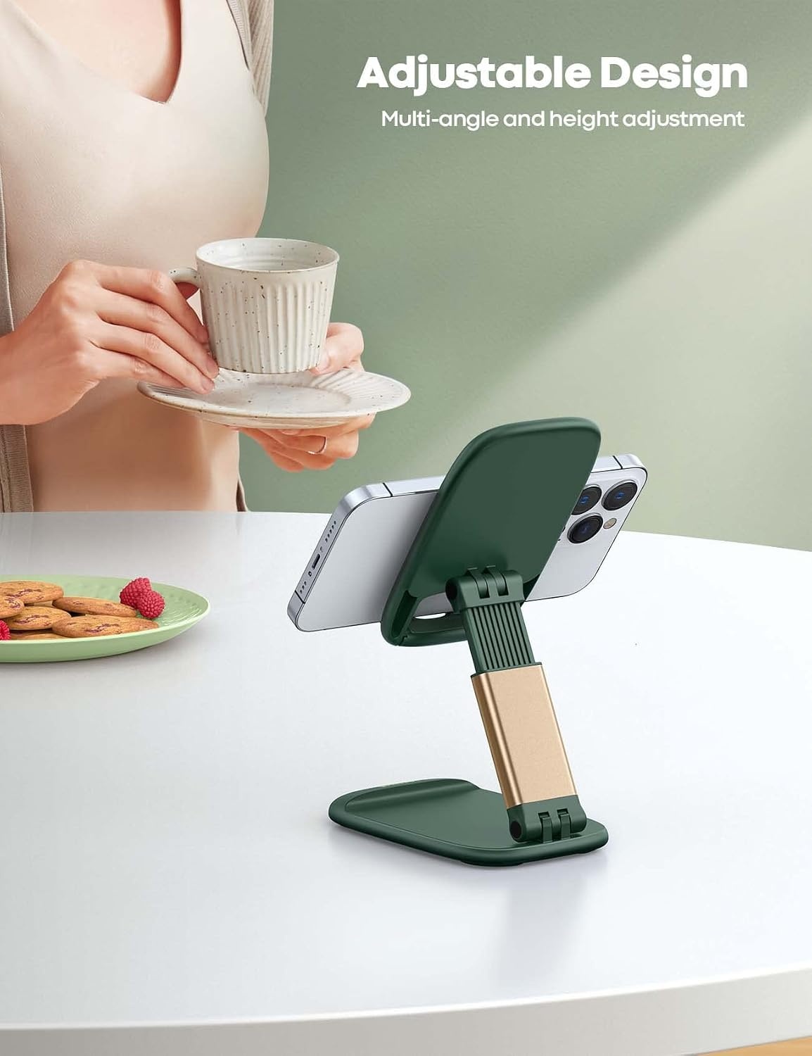 image:imageLamicall Cell Phone Stand for Desk Height Angle Adjustable Phone Holder Foldable Portable for iPhone 17 16 15 14 13 12 11 Pro Max Plus Air Galaxy S25 Office Gift Telephone Accessories BlackDark Green