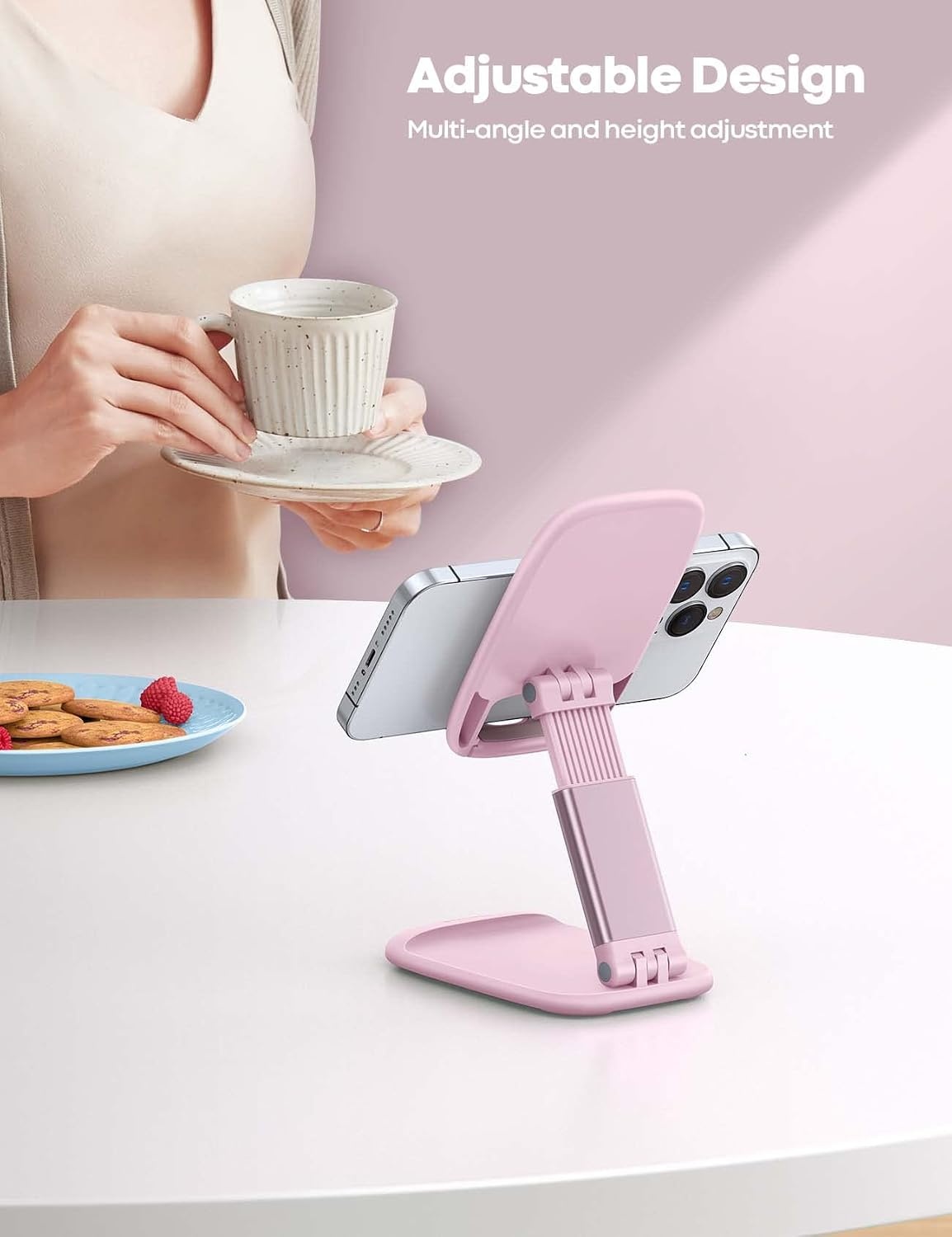 image:imageLamicall Cell Phone Stand for Desk Height Angle Adjustable Phone Holder Foldable Portable for iPhone 17 16 15 14 13 12 11 Pro Max Plus Air Galaxy S25 Office Gift Telephone Accessories BlackPink