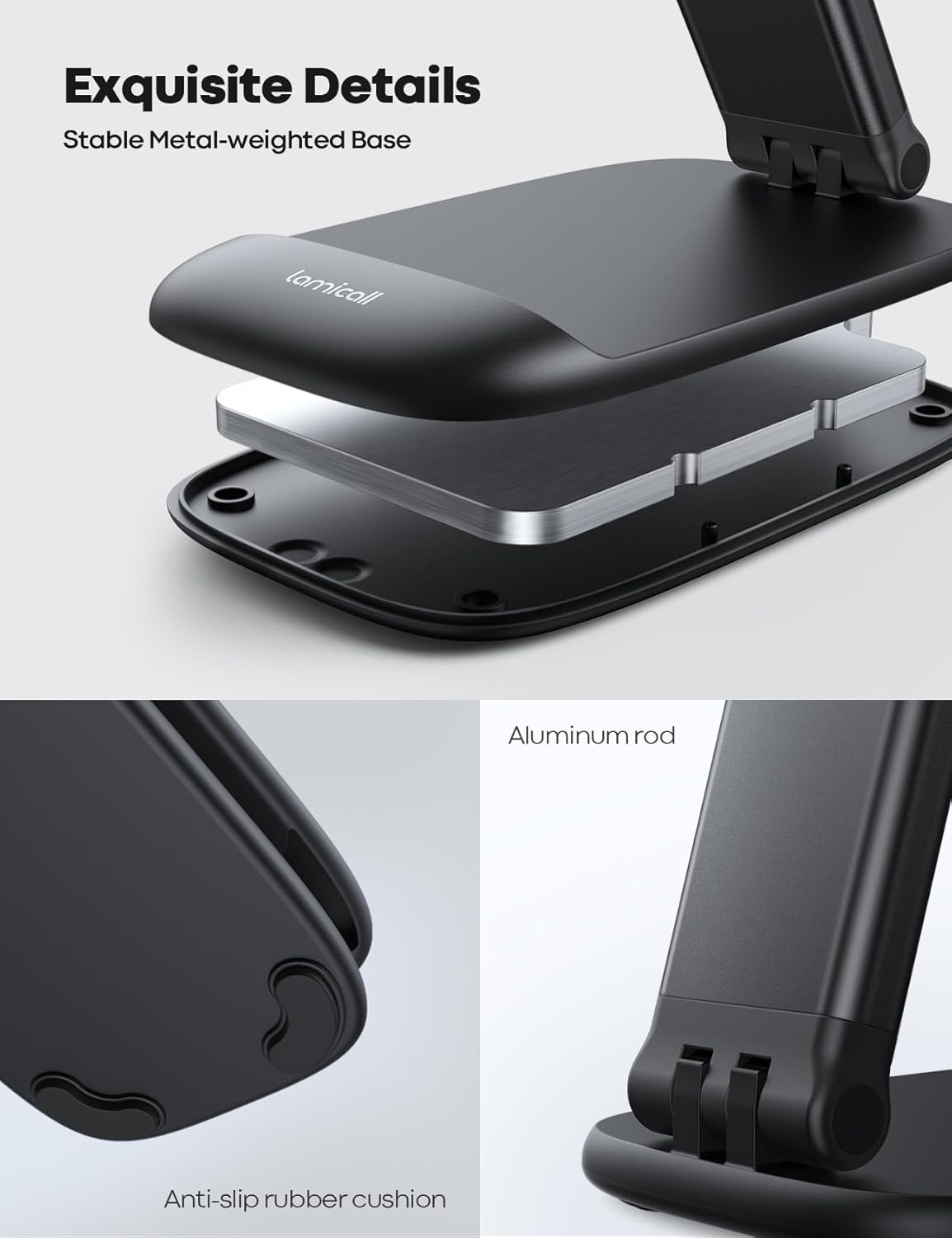 image:imageLamicall Cell Phone Stand for Desk Height Angle Adjustable Phone Holder Foldable Portable for iPhone 17 16 15 14 13 12 11 Pro Max Plus Air Galaxy S25 Office Gift Telephone Accessories Black1Black