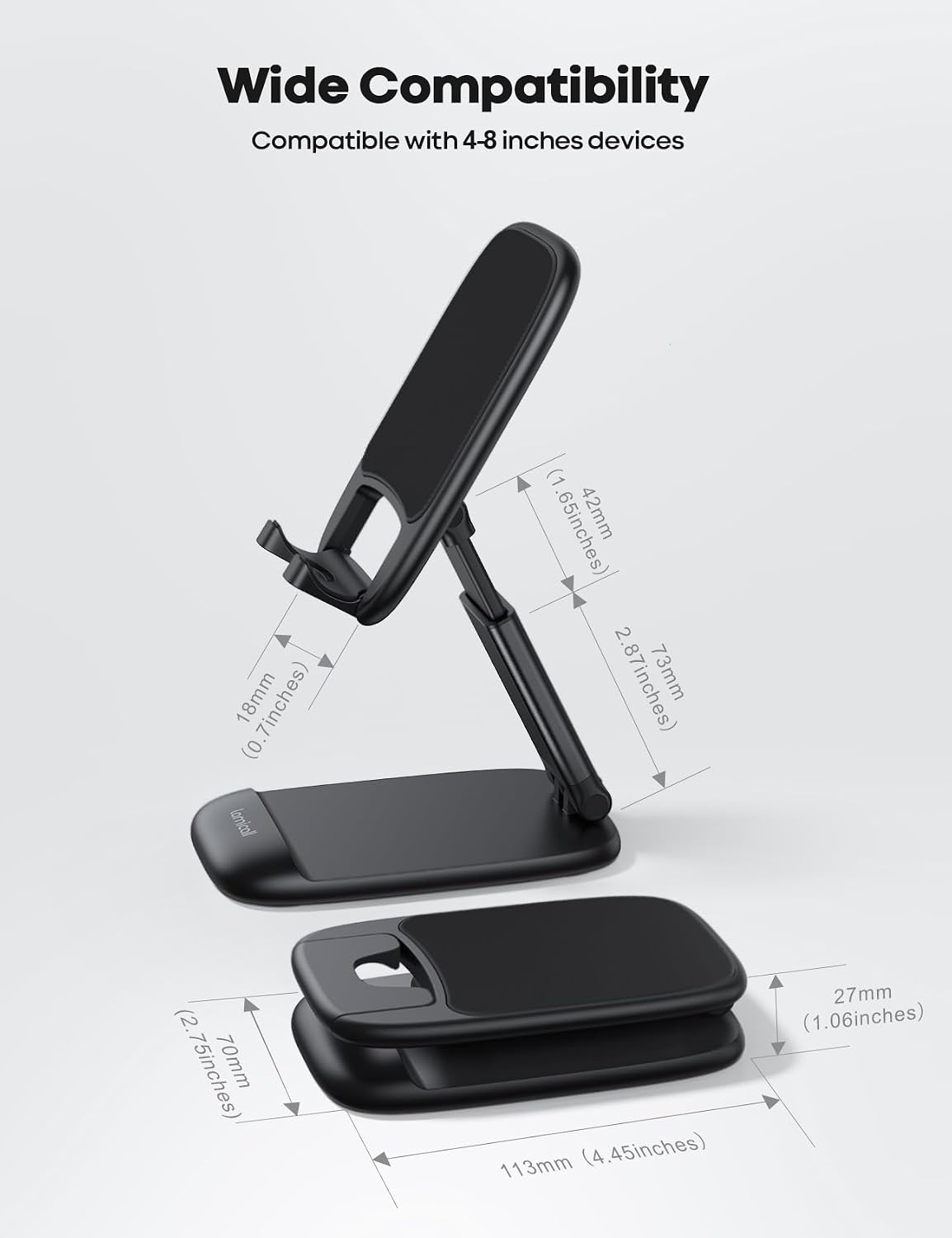 image:imageLamicall Cell Phone Stand for Desk Height Angle Adjustable Phone Holder Foldable Portable for iPhone 17 16 15 14 13 12 11 Pro Max Plus Air Galaxy S25 Office Gift Telephone Accessories Black1Black