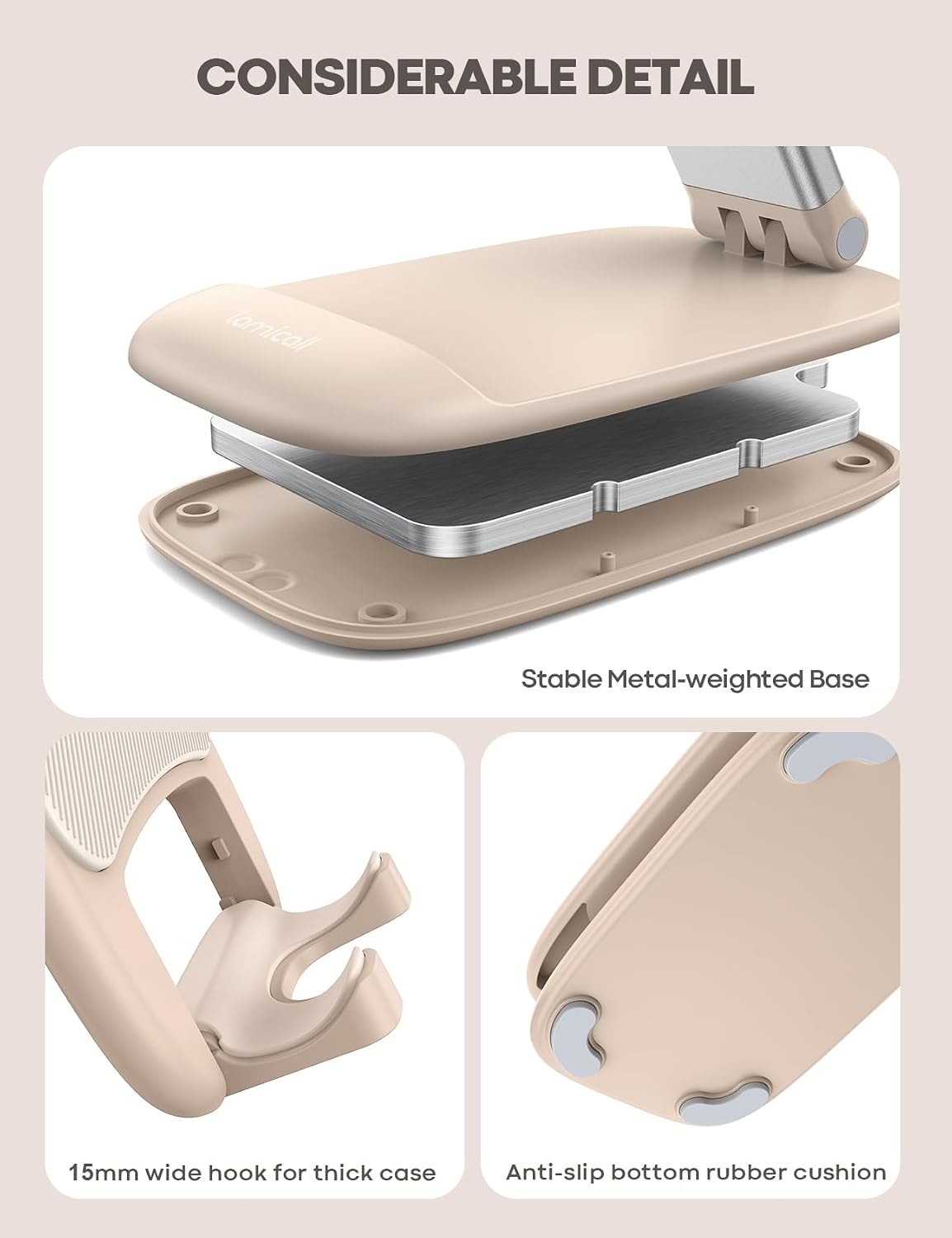 image:imageLamicall Cell Phone Stand for Desk Height Angle Adjustable Phone Holder Foldable Portable for iPhone 17 16 15 14 13 12 11 Pro Max Plus Air Galaxy S25 Office Gift Telephone Accessories BlackKhaki