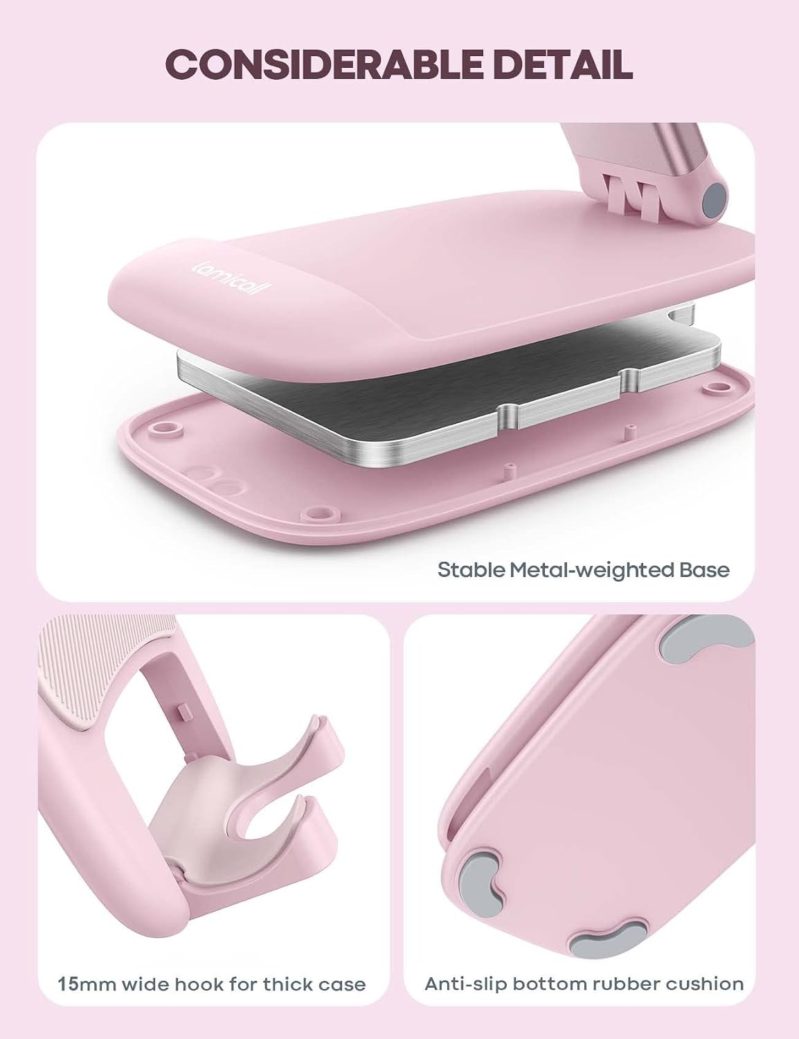 image:imageLamicall Cell Phone Stand for Desk Height Angle Adjustable Phone Holder Foldable Portable for iPhone 17 16 15 14 13 12 11 Pro Max Plus Air Galaxy S25 Office Gift Telephone Accessories BlackPink