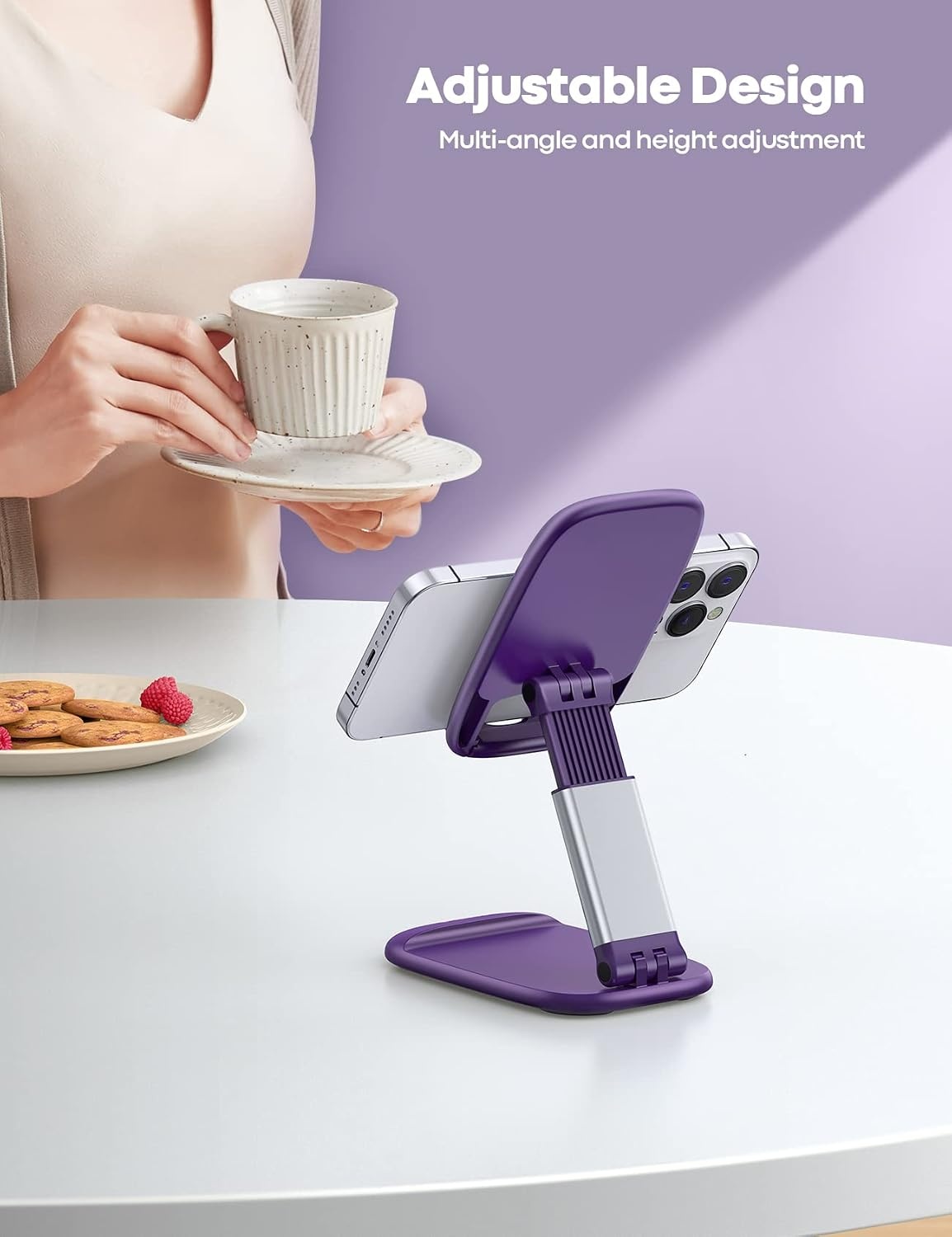 image:imageLamicall Cell Phone Stand for Desk Height Angle Adjustable Phone Holder Foldable Portable for iPhone 17 16 15 14 13 12 11 Pro Max Plus Air Galaxy S25 Office Gift Telephone Accessories BlackDark Purple