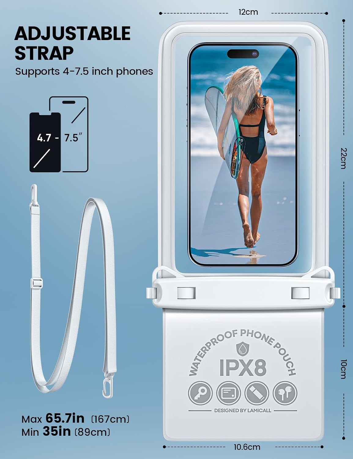 image:imageLamicall Double Pocket Waterproof Phone Pouch IPX8 Water proof Dry Bag Privacy Storage for Card amp Key Cruise Ship Beach Essentials for iPhone 17 16 15 14 13 Pro Max Galaxy S25 75 for CaseWhite