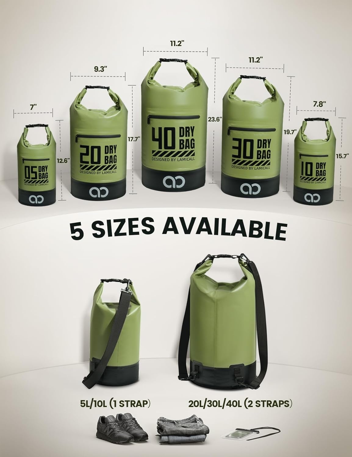 image:imageLamicall Dry Bag Waterproof Backpack with Phone Pouch 5L10L20L30L40L Durable ScratchResistant Roll Top Storage Drybag for Women Men Boating Kayaking Camping Beach PaddleBoard Bag AccessoriesOlive Green