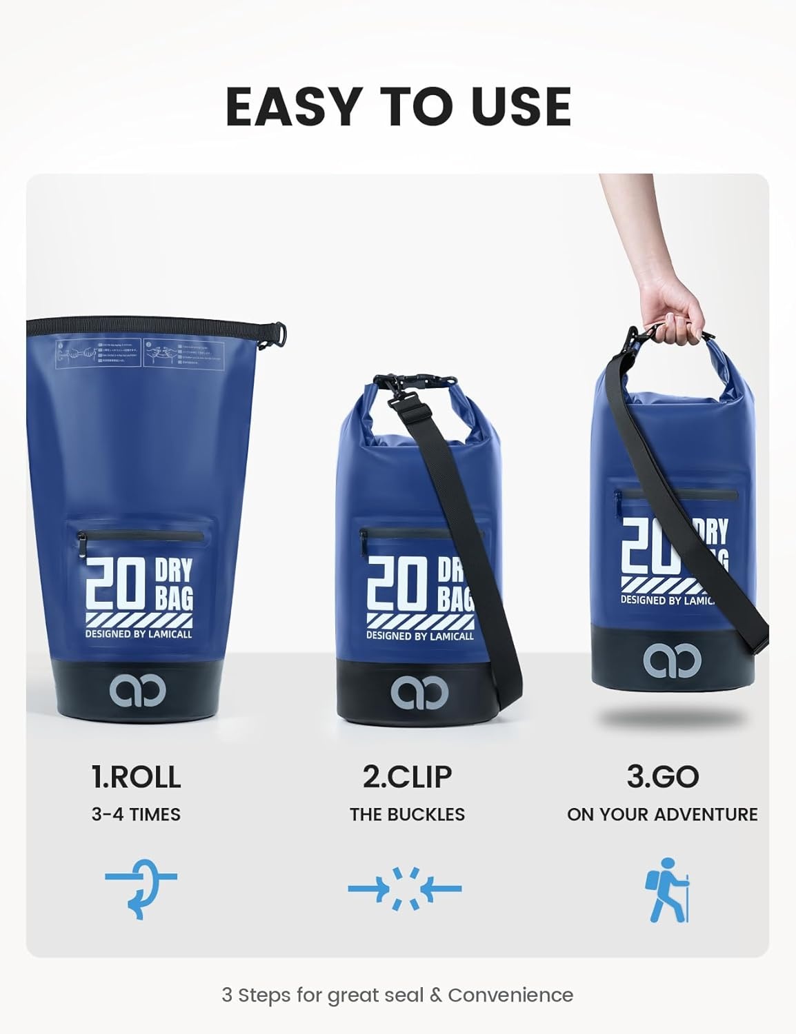 image:imageLamicall Dry Bag Waterproof Backpack with Phone Pouch 5L10L20L30L40L Durable ScratchResistant Roll Top Storage Drybag for Women Men Boating Kayaking Camping Beach PaddleBoard Bag AccessoriesNavy Blue