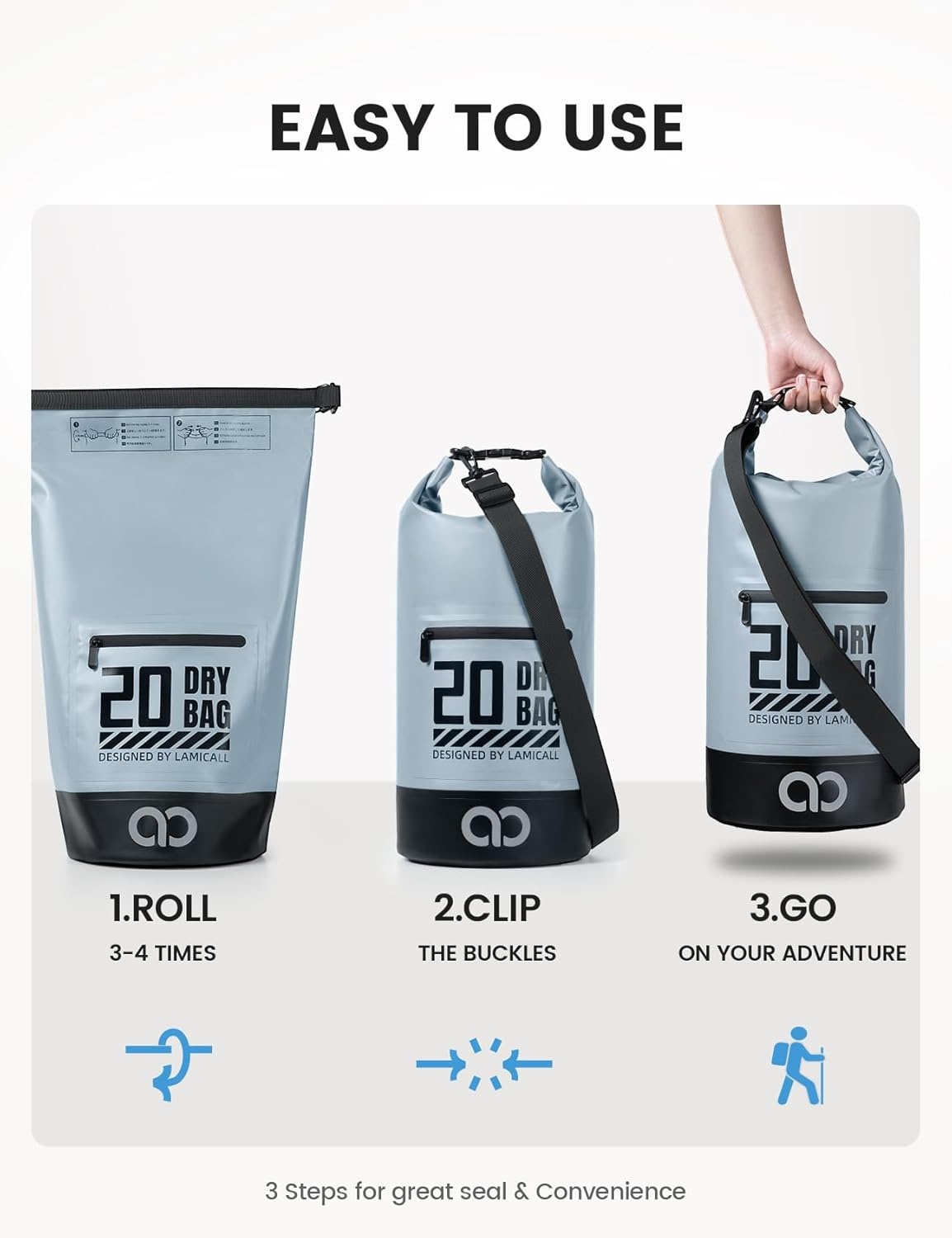 image:imageLamicall Dry Bag Waterproof Backpack with Phone Pouch 5L10L20L30L40L Durable ScratchResistant Roll Top Storage Drybag for Women Men Boating Kayaking Camping Beach PaddleBoard Bag AccessoriesBlueish Gray