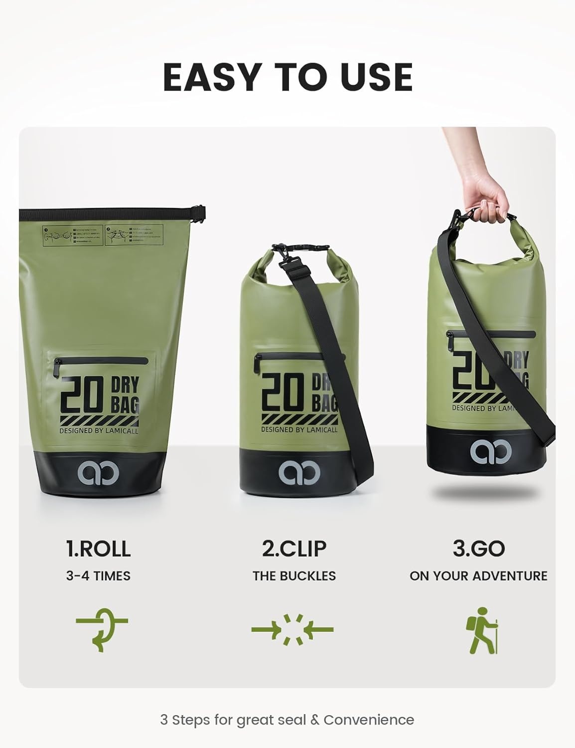 image:imageLamicall Dry Bag Waterproof Backpack with Phone Pouch 5L10L20L30L40L Durable ScratchResistant Roll Top Storage Drybag for Women Men Boating Kayaking Camping Beach PaddleBoard Bag AccessoriesOlive Green