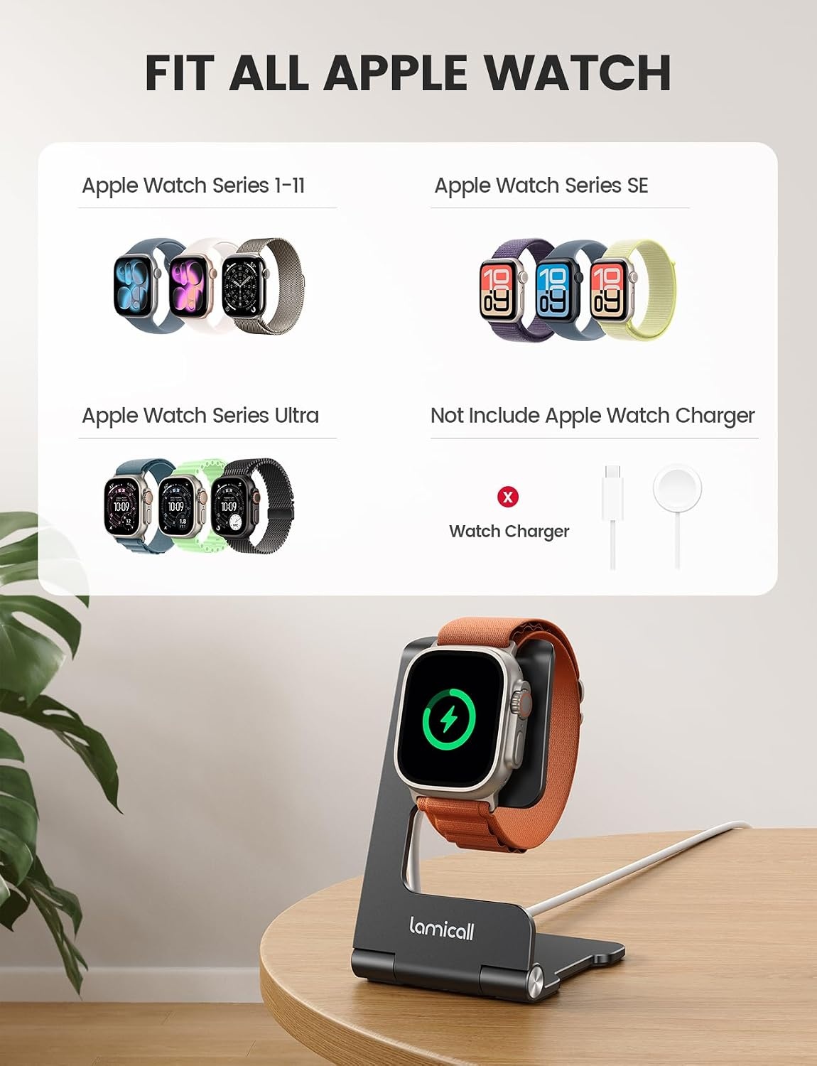 image:imageLamicall Foldable Apple Watch Stand for Charger Aluminum Desk Watch Holder Cord Organizer Slot for Nightstand Portable Travel Charging Stand Dock for iWatch Series 111 Ultra SE Charger Not IncludedMisty Black