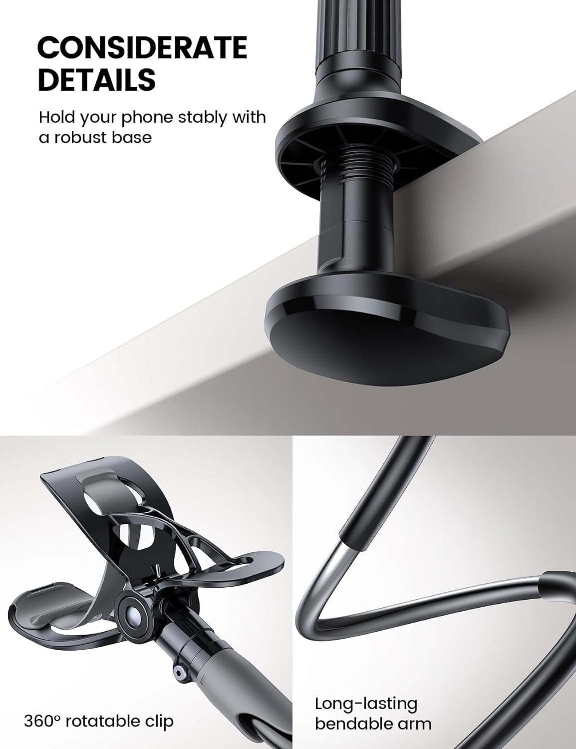 image:imageLamicall Gooseneck Bed Phone Holder 334 Full Adjustable Flexible Arm Fast Install Full Adjustable Stable Flexible Long Arm Bedside Multipurpose Holder for 47 Phone iPhone 17 Pro Max AirBlack