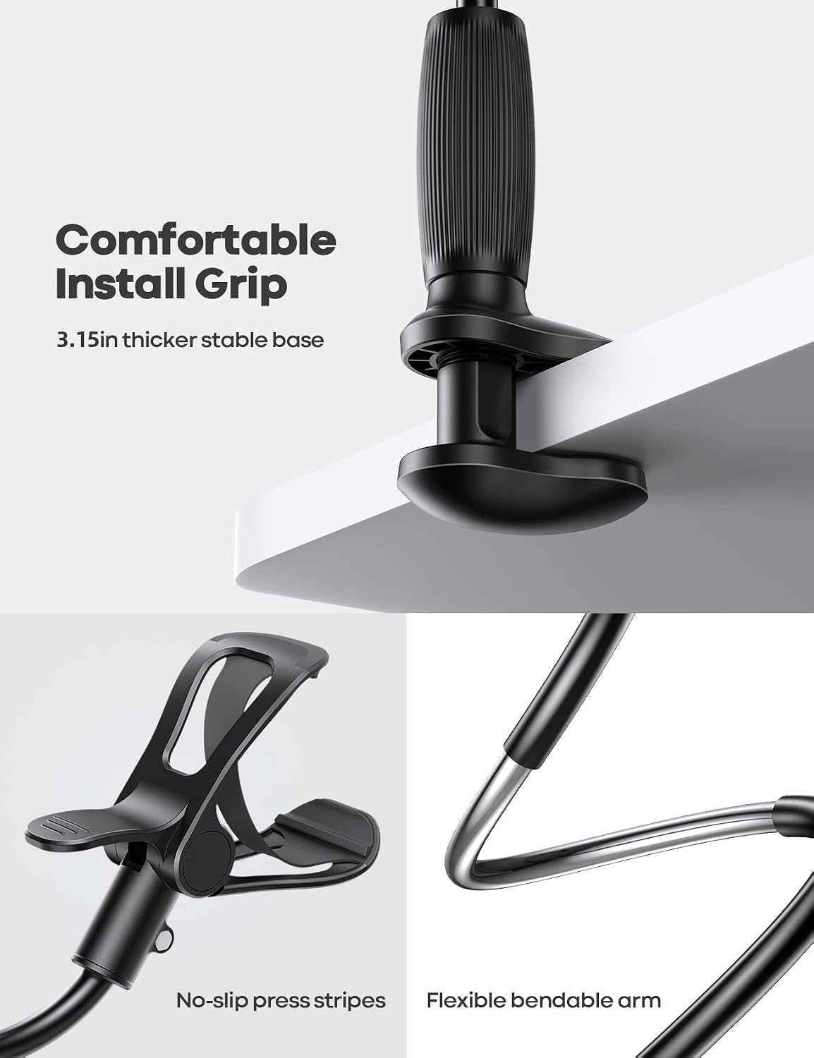 image:imageLamicall Gooseneck Phone Holder for Bed Stable Flexible Arm Stand for Desk Upgraded AlMg Alloy Core Secure Clamp Base 334 Long Arm HandsFree Viewing Bedside amp Desk Use Fits 47 Phones Blackblack