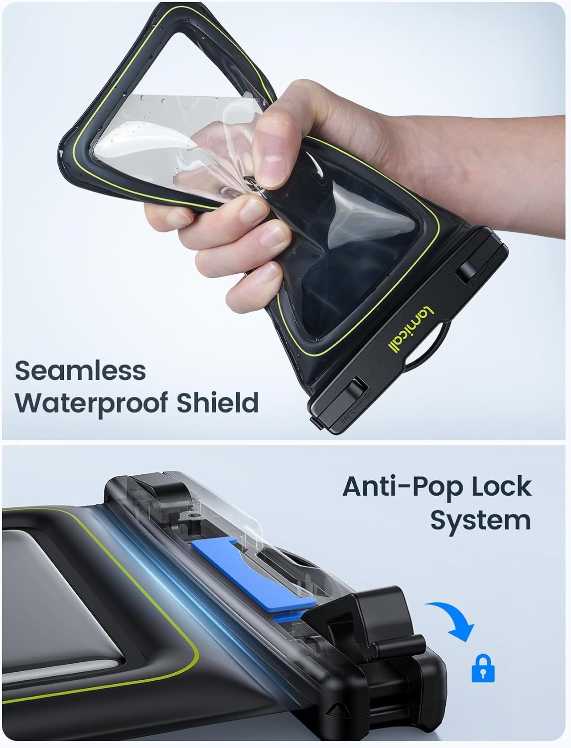 image:imageLamicall IP68 Floating Waterproof Phone Pouch 2 Pack Waterproof Phone Case Water Proof Phone Pouch for iPhone 17 16 15 14 13 Pro Max Galaxy S26 S25 S24 Ultra Beach Cruise Travel Essentials 485Green Accent