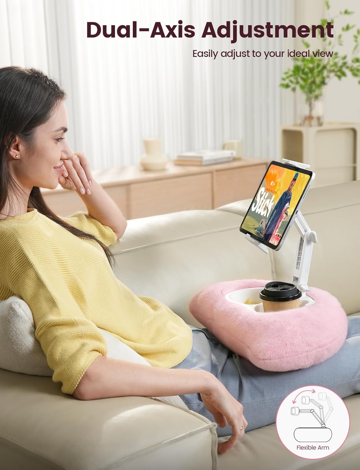 image:imageLamicall Kindle Holder Tablet Pillow Stand Extendable Arm iPad Soft Pad 360 Adjustable Arm Lap Soft Washable Pad Snack Bowl Kindle Accessories Reading in Bed for 4713 iPad Pro Mini Air FirePink