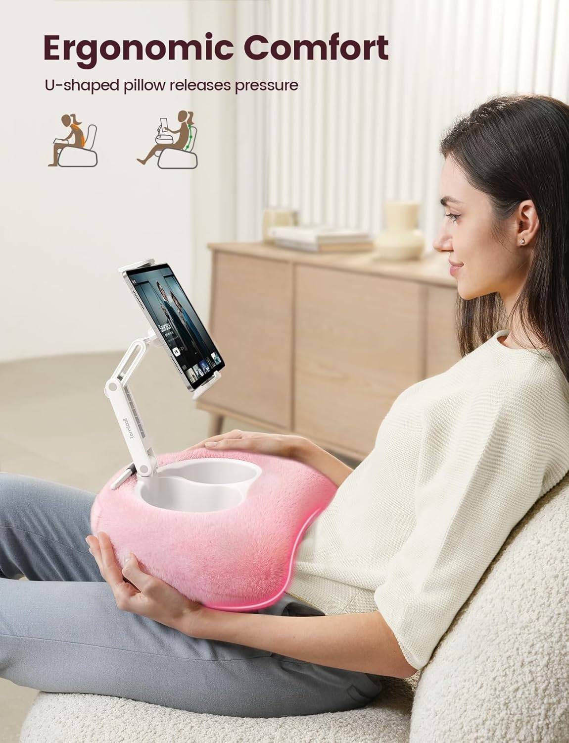 image:imageLamicall Kindle Holder Tablet Pillow Stand Extendable Arm iPad Soft Pad 360 Adjustable Arm Lap Soft Washable Pad Snack Bowl Kindle Accessories Reading in Bed for 4713 iPad Pro Mini Air FirePink