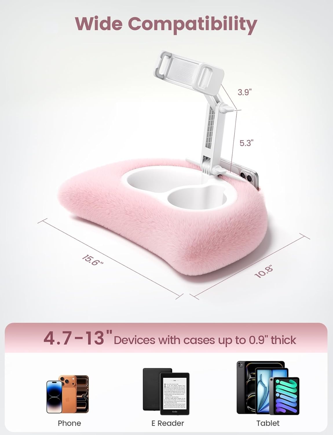 image:imageLamicall Kindle Holder Tablet Pillow Stand Extendable Arm iPad Soft Pad 360 Adjustable Arm Lap Soft Washable Pad Snack Bowl Kindle Accessories Reading in Bed for 4713 iPad Pro Mini Air FirePink