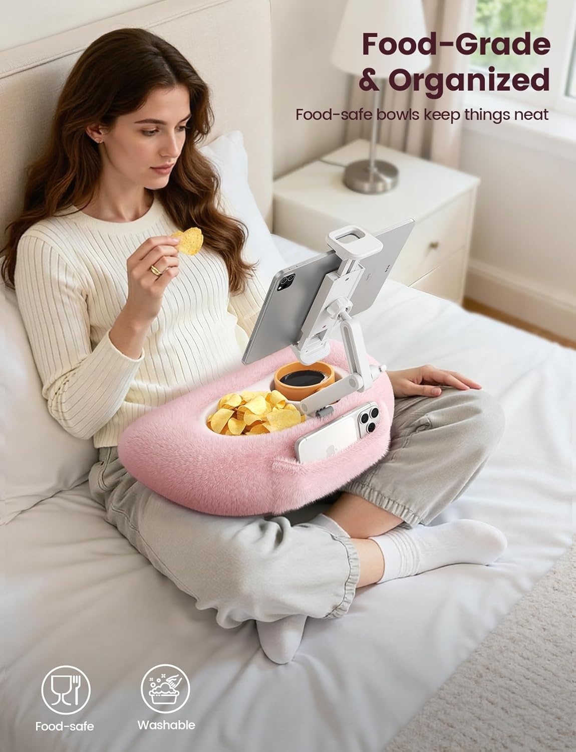 image:imageLamicall Kindle Holder Tablet Pillow Stand Extendable Arm iPad Soft Pad 360 Adjustable Arm Lap Soft Washable Pad Snack Bowl Kindle Accessories Reading in Bed for 4713 iPad Pro Mini Air FirePink