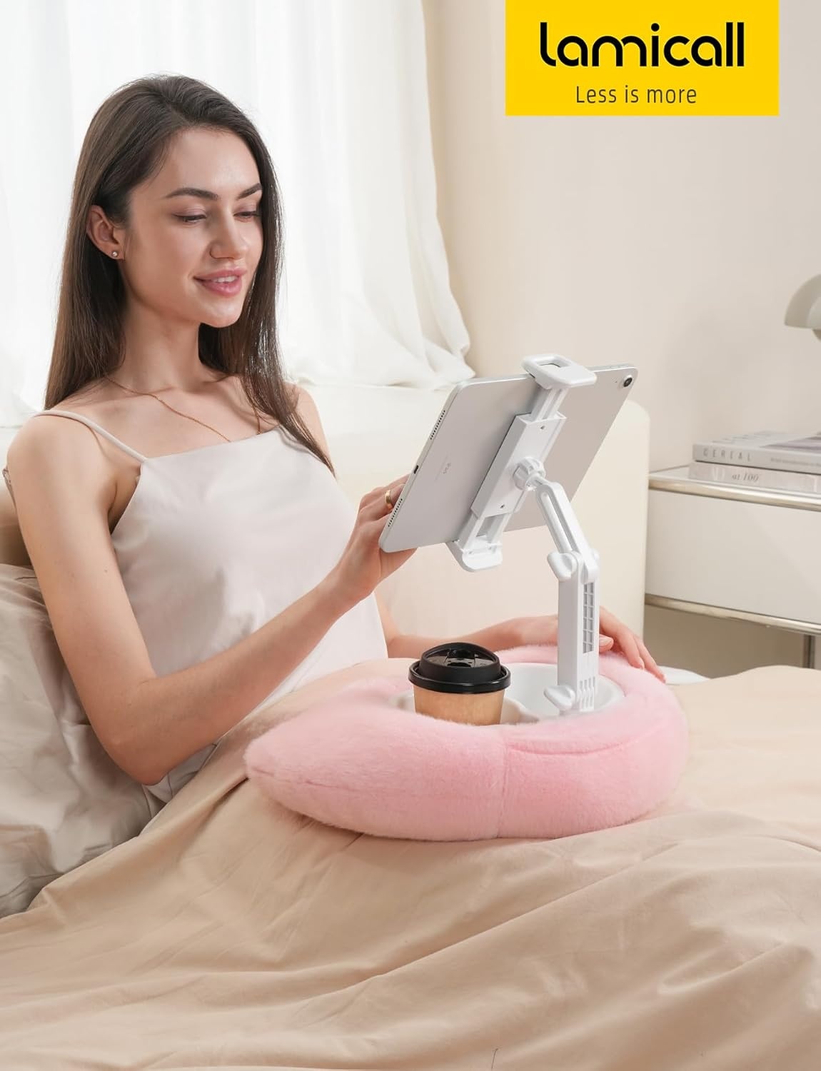 image:imageLamicall Kindle Holder Tablet Pillow Stand Extendable Arm iPad Soft Pad 360 Adjustable Arm Lap Soft Washable Pad Snack Bowl Kindle Accessories Reading in Bed for 4713 iPad Pro Mini Air FirePink