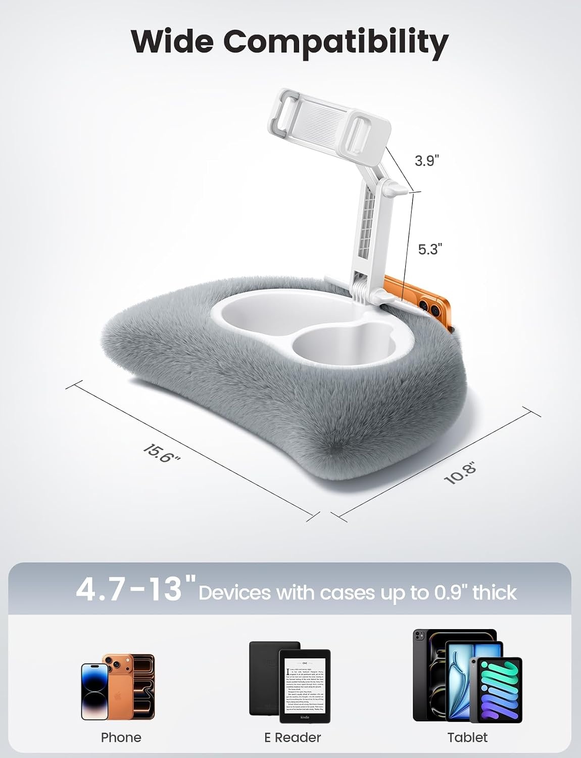 image:imageLamicall Kindle Holder Tablet Pillow Stand Extendable Arm iPad Soft Pad 360 Adjustable Arm Lap Soft Washable Pad Snack Bowl Kindle Accessories Reading in Bed for 4713 iPad Pro Mini Air FireGrey