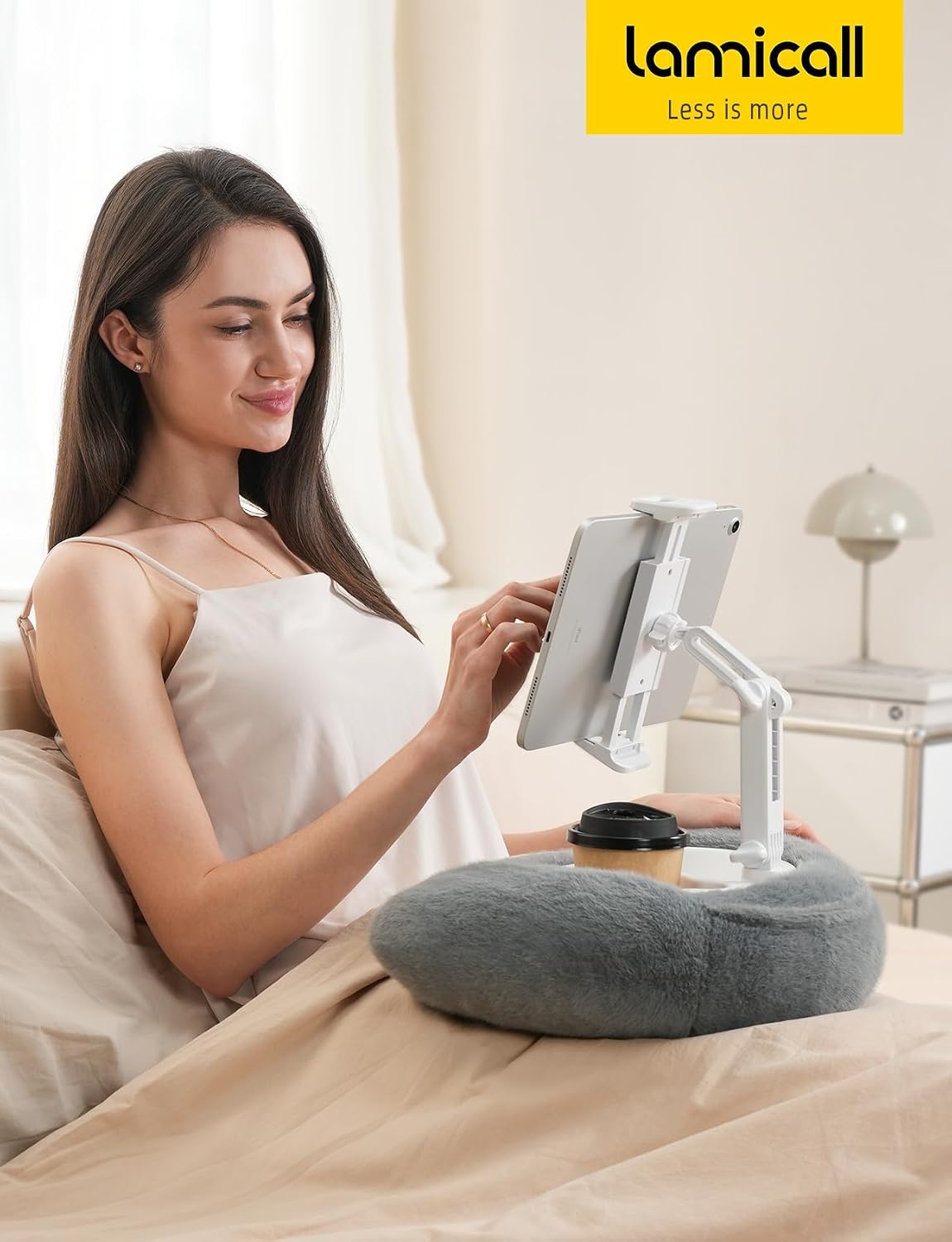 image:imageLamicall Kindle Holder Tablet Pillow Stand Extendable Arm iPad Soft Pad 360 Adjustable Arm Lap Soft Washable Pad Snack Bowl Kindle Accessories Reading in Bed for 4713 iPad Pro Mini Air FireGrey