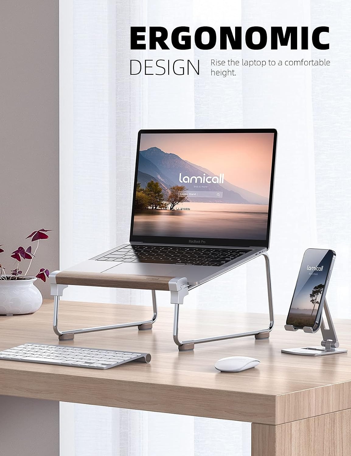 image:imageLamicall Laptop Stand for Desk Aluminum and Walnut Desktop Notebook Stand Holder Ergonomic Laptops Holder for MacBook AirPro Dell Hp Msi Asus Acer Chromebook Surface Pro and 1016 LaptopSliver