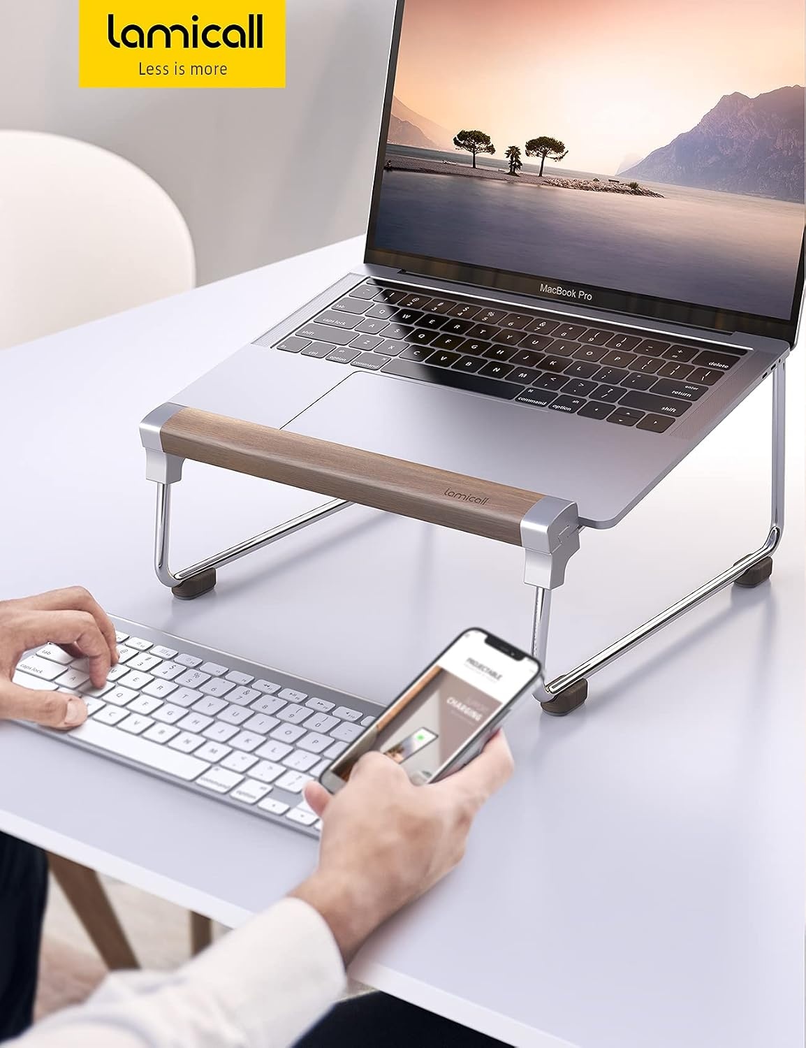 image:imageLamicall Laptop Stand for Desk Aluminum and Walnut Desktop Notebook Stand Holder Ergonomic Laptops Holder for MacBook AirPro Dell Hp Msi Asus Acer Chromebook Surface Pro and 1016 LaptopSliver