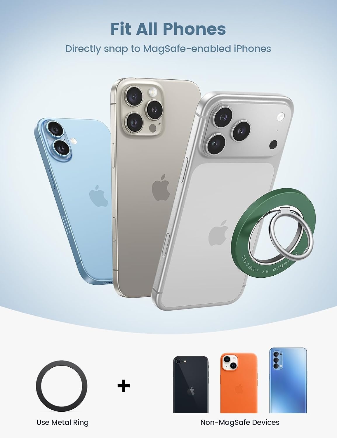 image:imageLamicall Magnetic Phone Grip for MagSafe Accessories Strong Magnet Ring 360 Rotation 1s Snap Finger Hand Holder Stand Kickstand for iPhone 17 16 15 14 13 12 Pro Max Air White Mag Safe DecorDark Green