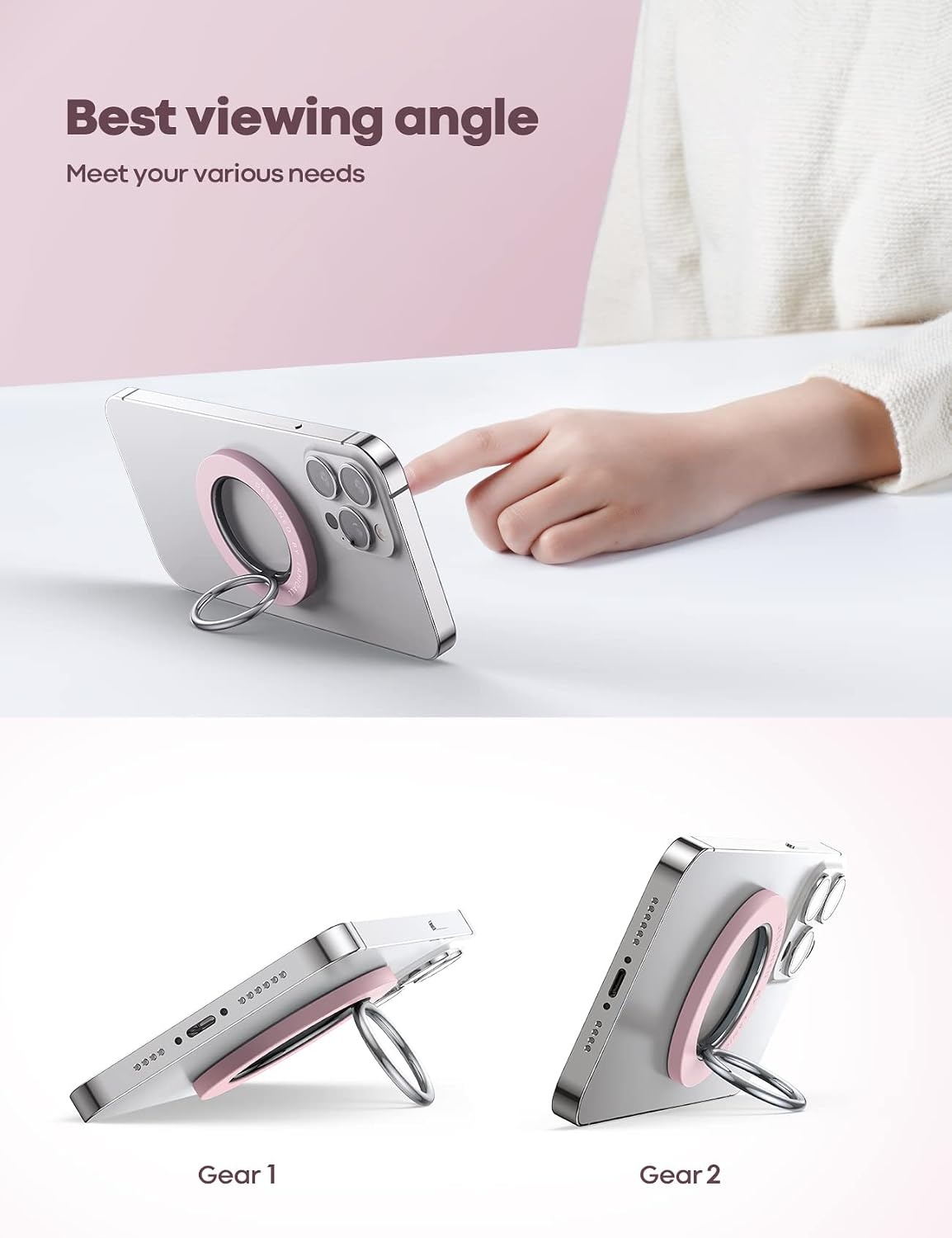 image:imageLamicall Magnetic Phone Grip for MagSafe Accessories Strong Magnet Ring 360 Rotation 1s Snap Finger Hand Holder Stand Kickstand for iPhone 17 16 15 14 13 12 Pro Max Air White Mag Safe DecorPastel Pink