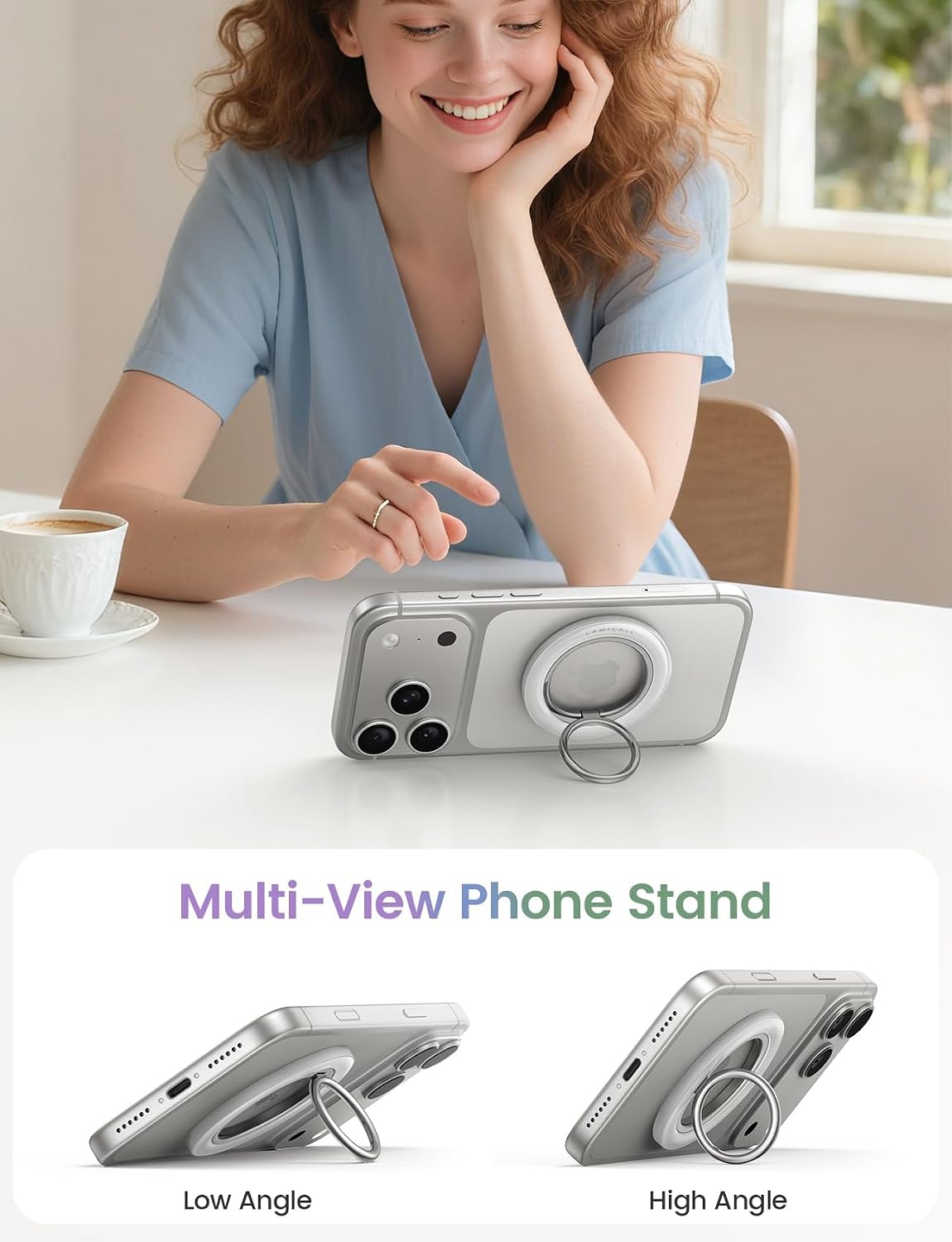image:imageLamicall Magnetic Phone Grip for MagSafe Accessories Strong Magnet Ring 360 Rotation 1s Snap Finger Hand Holder Stand Kickstand for iPhone 17 16 15 14 13 12 Pro Max Air White Mag Safe DecorCrystal White