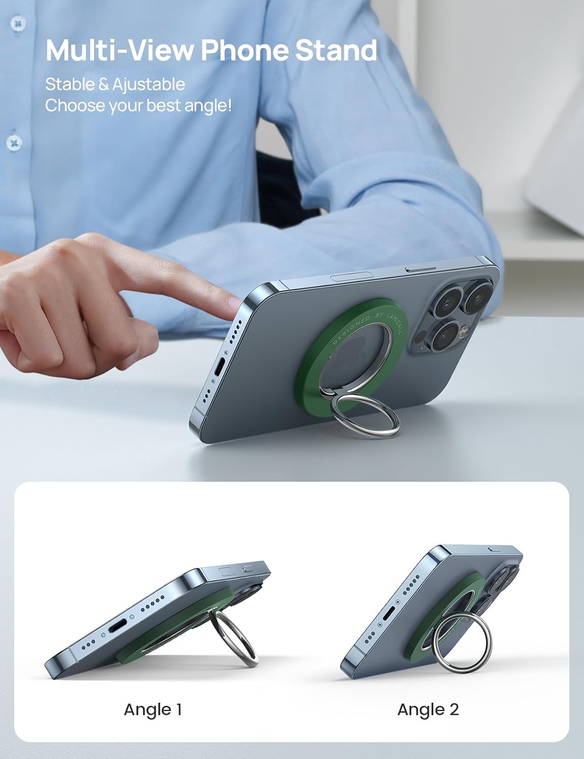 image:imageLamicall Magnetic Phone Grip for MagSafe Accessories Strong Magnet Ring 360 Rotation 1s Snap Finger Hand Holder Stand Kickstand for iPhone 17 16 15 14 13 12 Pro Max Air White Mag Safe DecorDark Green