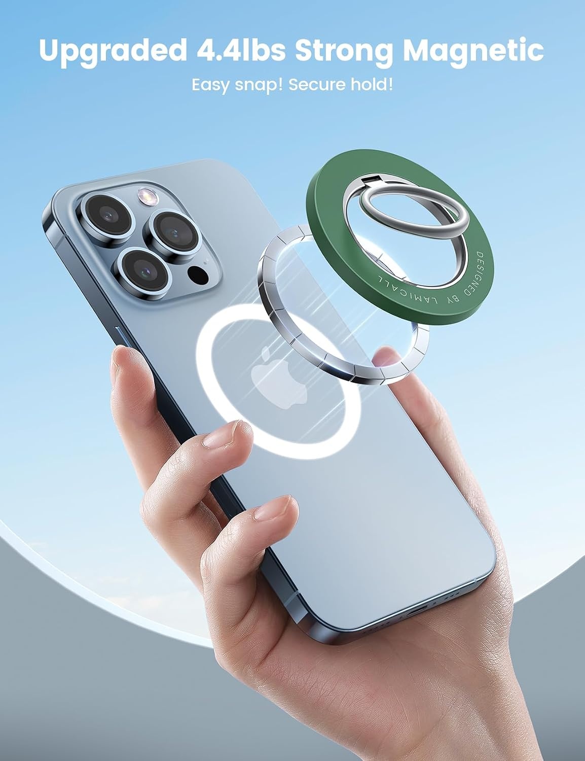 image:imageLamicall Magnetic Phone Grip for MagSafe Accessories Strong Magnet Ring 360 Rotation 1s Snap Finger Hand Holder Stand Kickstand for iPhone 17 16 15 14 13 12 Pro Max Air White Mag Safe DecorDark Green
